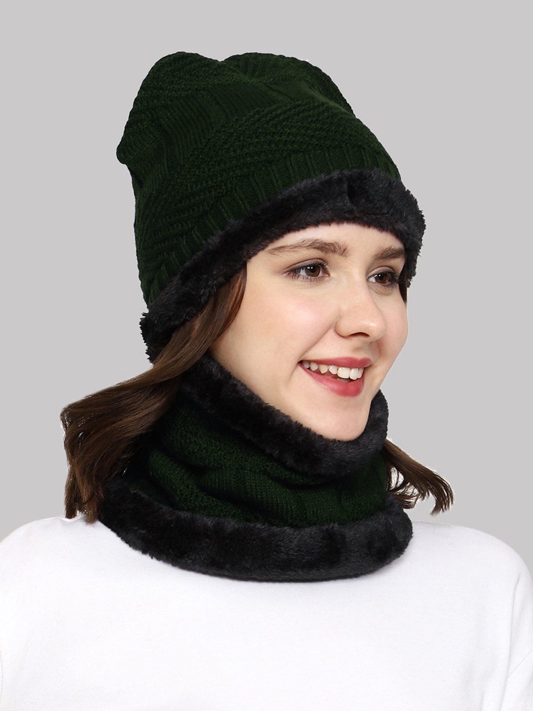 

WEAVERS VILLA Women Olive Green Self design Acrylic Beanie And Neck Warmer