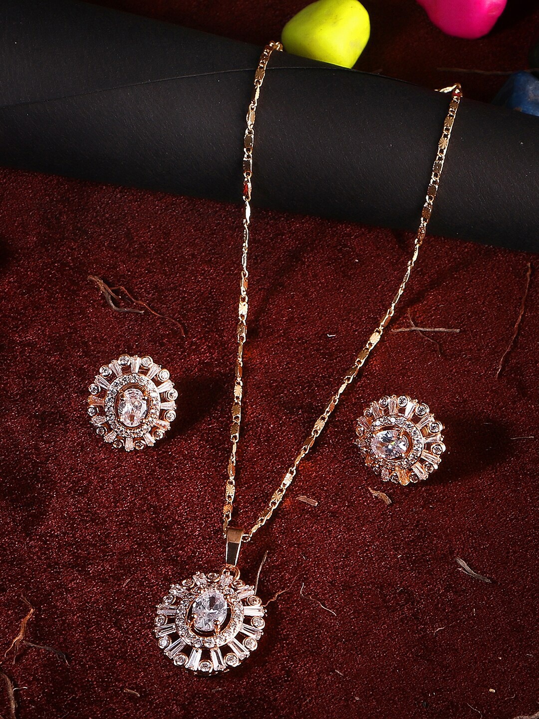 

Adwitiya Collection Gold-Plated Stone Studded Pendant & Earring Jewellery Set