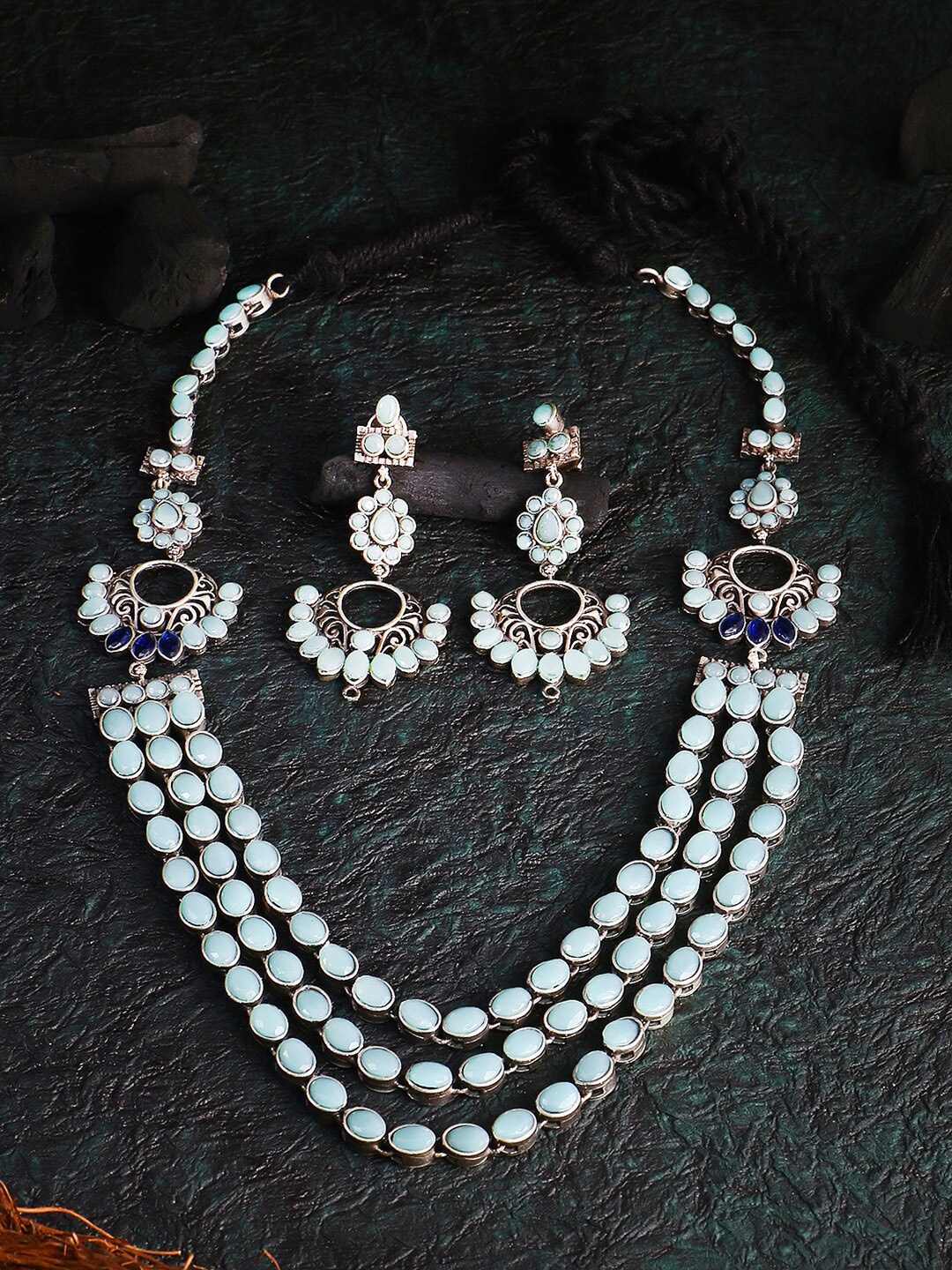 

Adwitiya Collection Silver-Plated & Blue Stone Studded Layered Jewellery Set