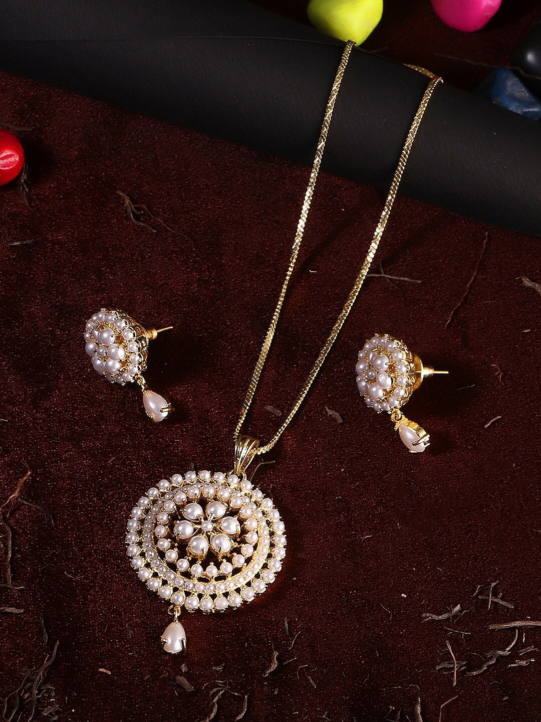 

Adwitiya Collection Gold-Plated Pearls Beaded Jewellery Set