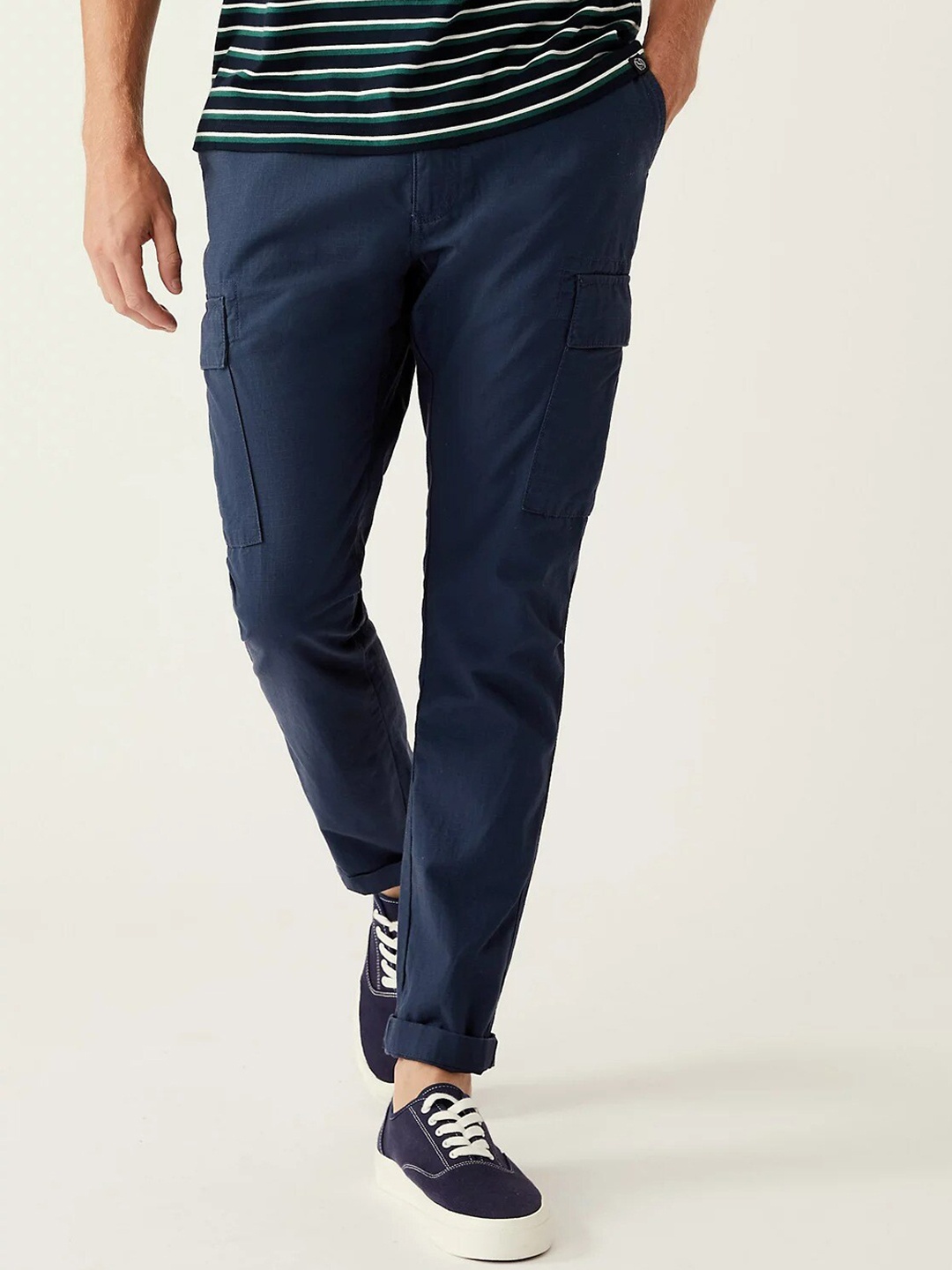 

Marks & Spencer Men Blue Solid Cotton High-Rise Cargos Trousers