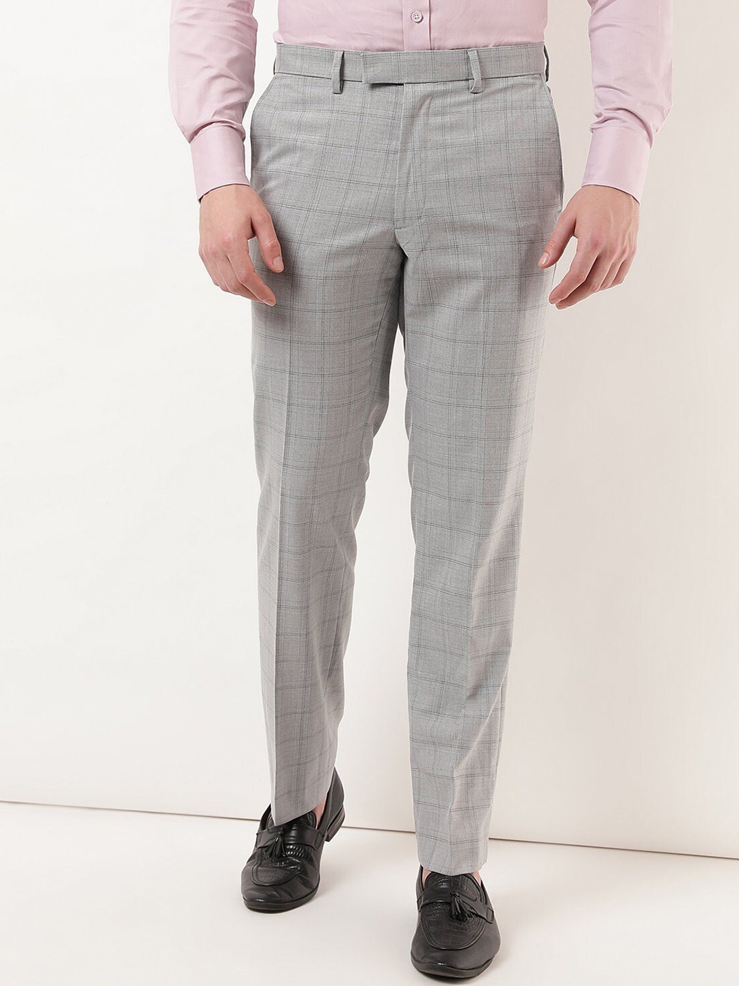 

Marks & Spencer Men Grey Checked High-Rise Formal Trousers