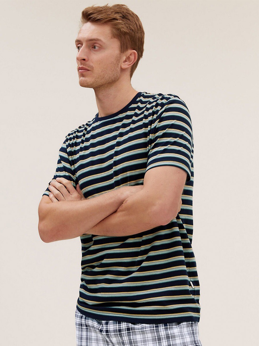 

Marks & Spencer Men Multicoloured Striped Pure Cotton T-shirt, Multi