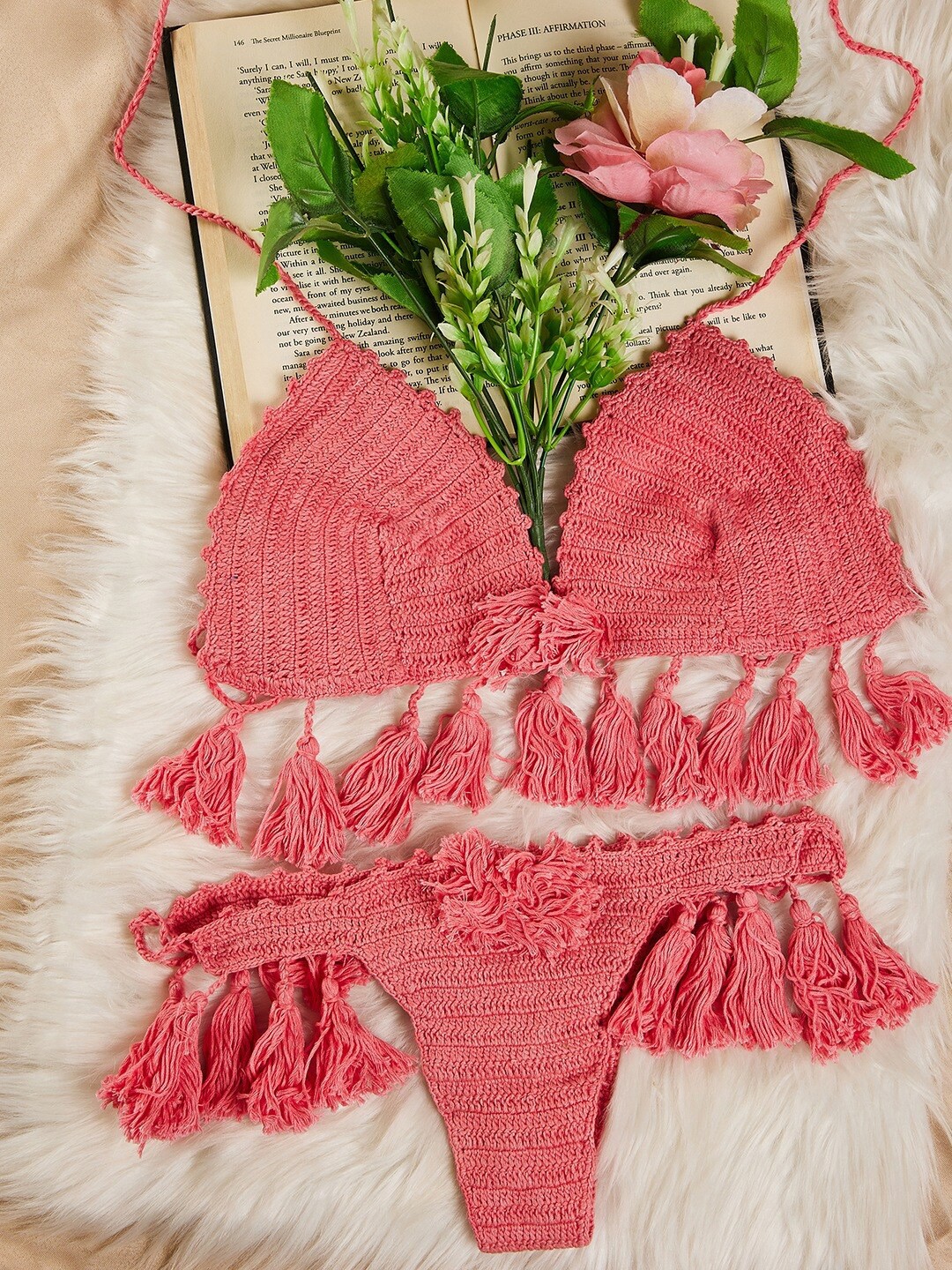 

SECRETS BY ZEROKAATA Women Pink Cotton Crochet Bikini Set