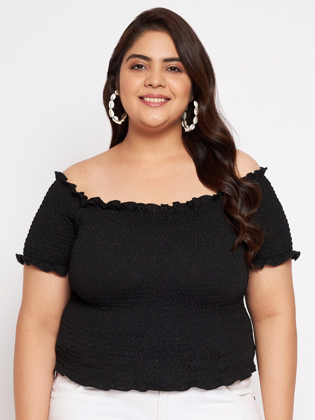 

Wild U Black Plus Size Off-Shoulder Sheen Smocked Bardot Top