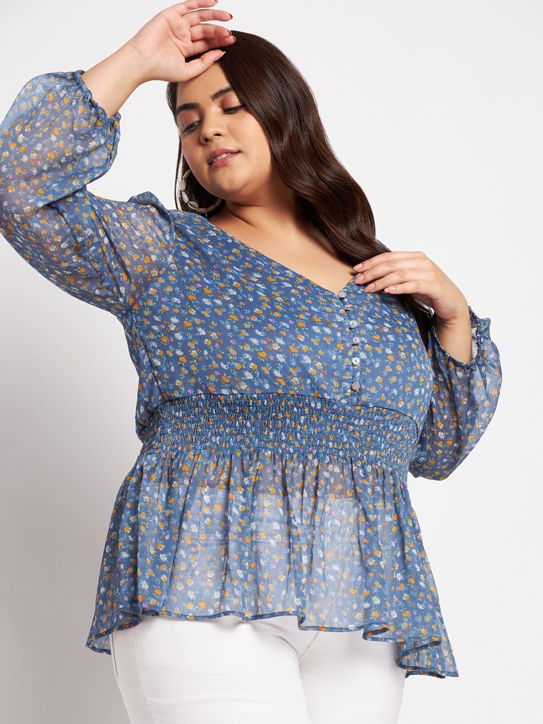 

wild U Women Plus Size Blue & Mustard Yellow Floral Print Chiffon Cinched Waist Top
