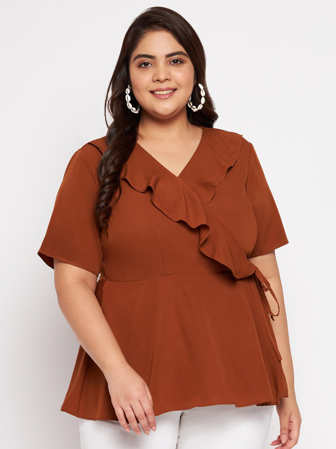 

wild U Plus Size Brown Ruffles Crepe Top
