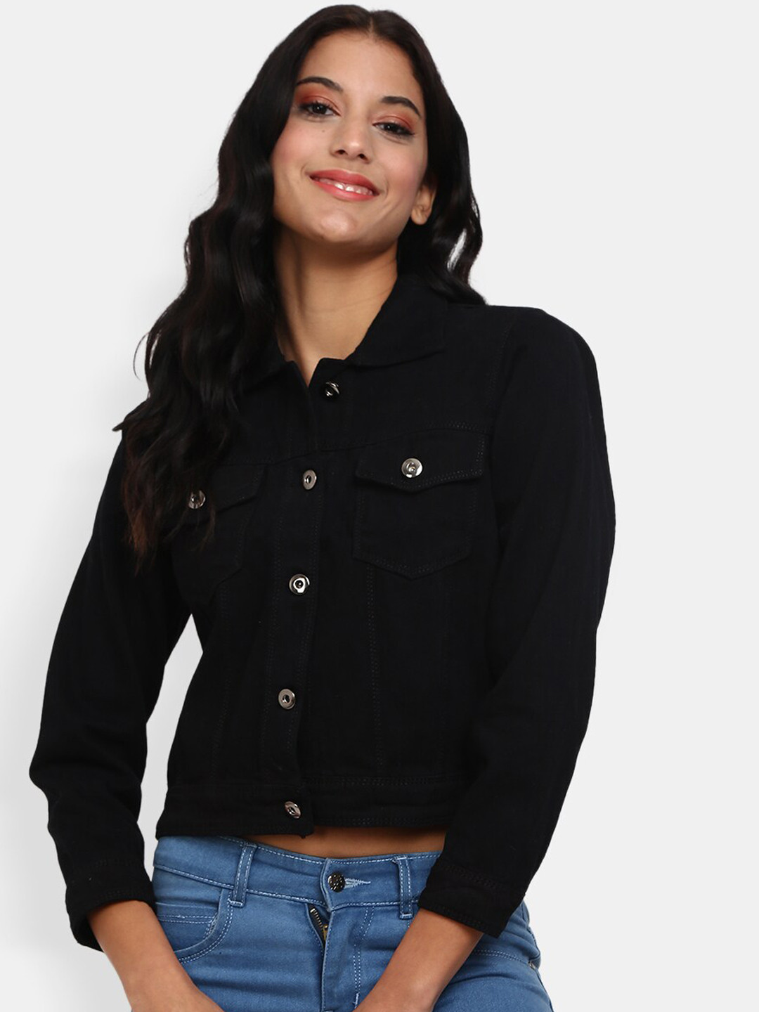 

V-Mart Women Black Lightweight Crop Denim Jacket