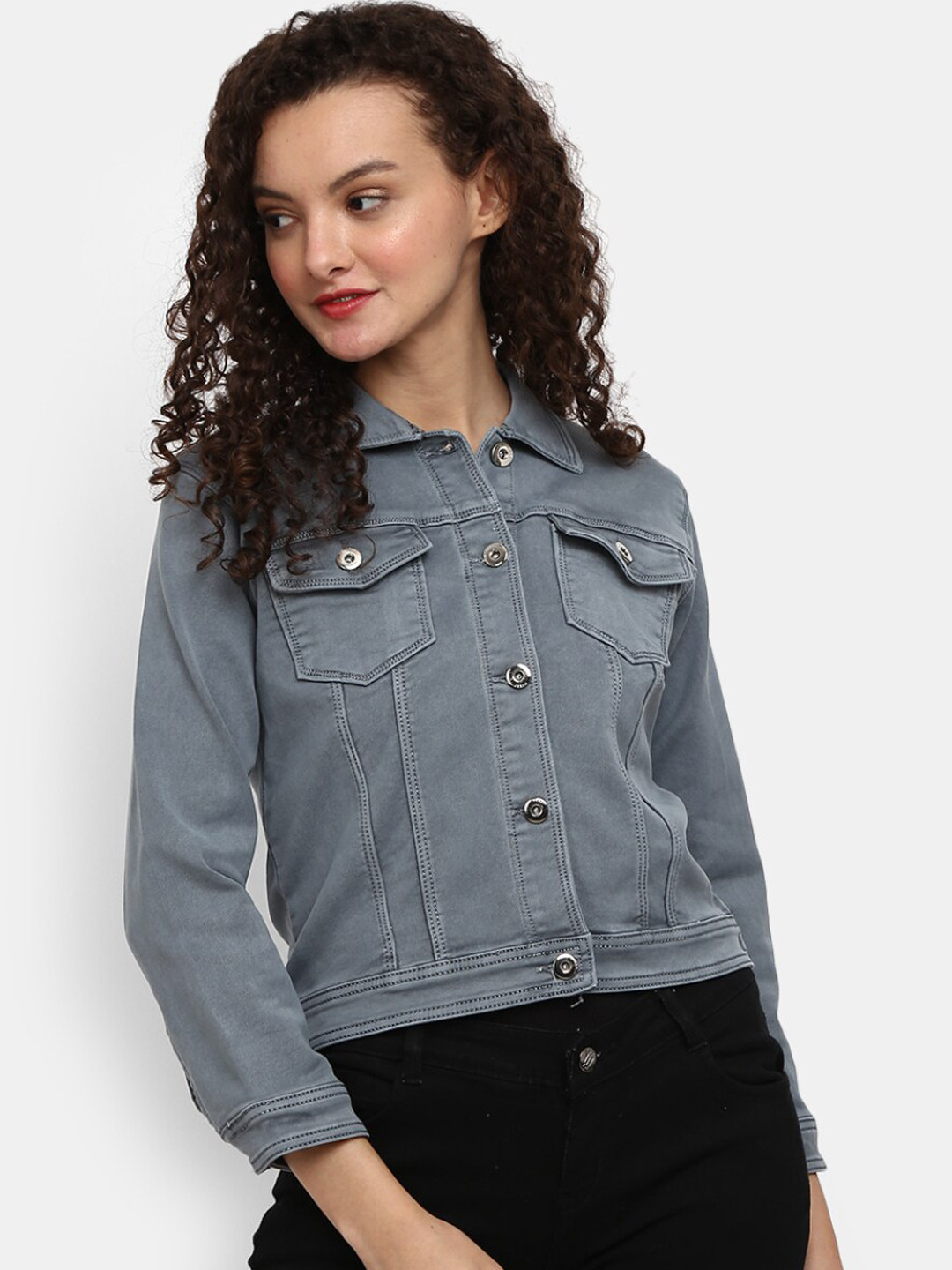 

V-Mart Women Grey Cotton Washed Lightweight Crop Denim Jacket