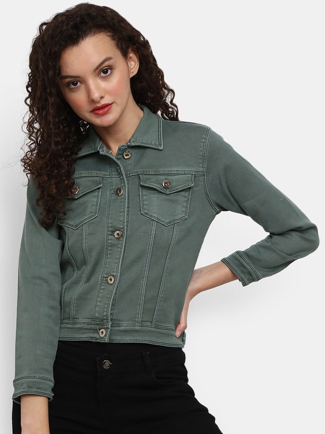 

V-Mart Women Green Solid Lightweight Shirt Collar Denim Jacket
