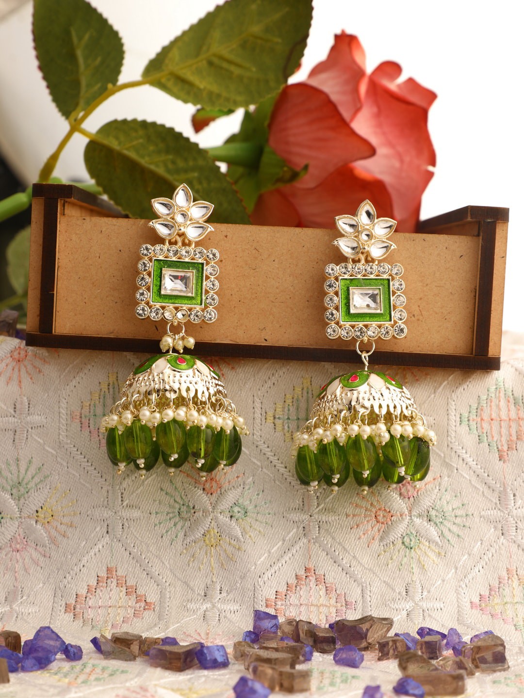 

Vita Bella Green & Gold-Toned Contemporary Jhumkas Earrings