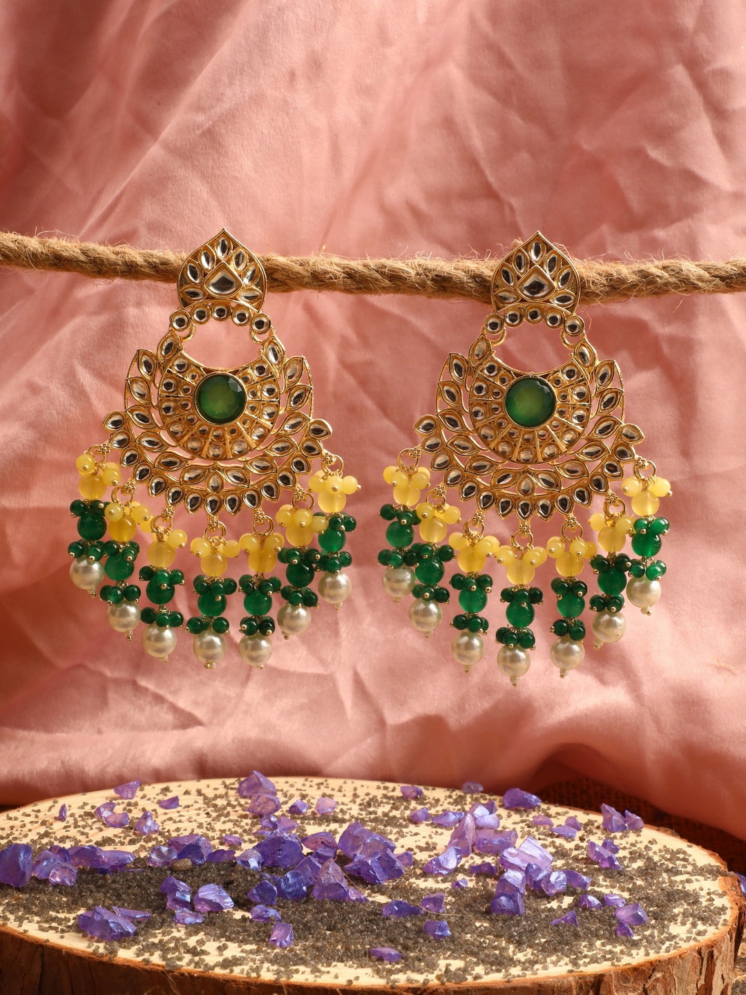 

Vita Bella Women Green Gold-Plated Artificial Beads Circular Chandbalis Earrings