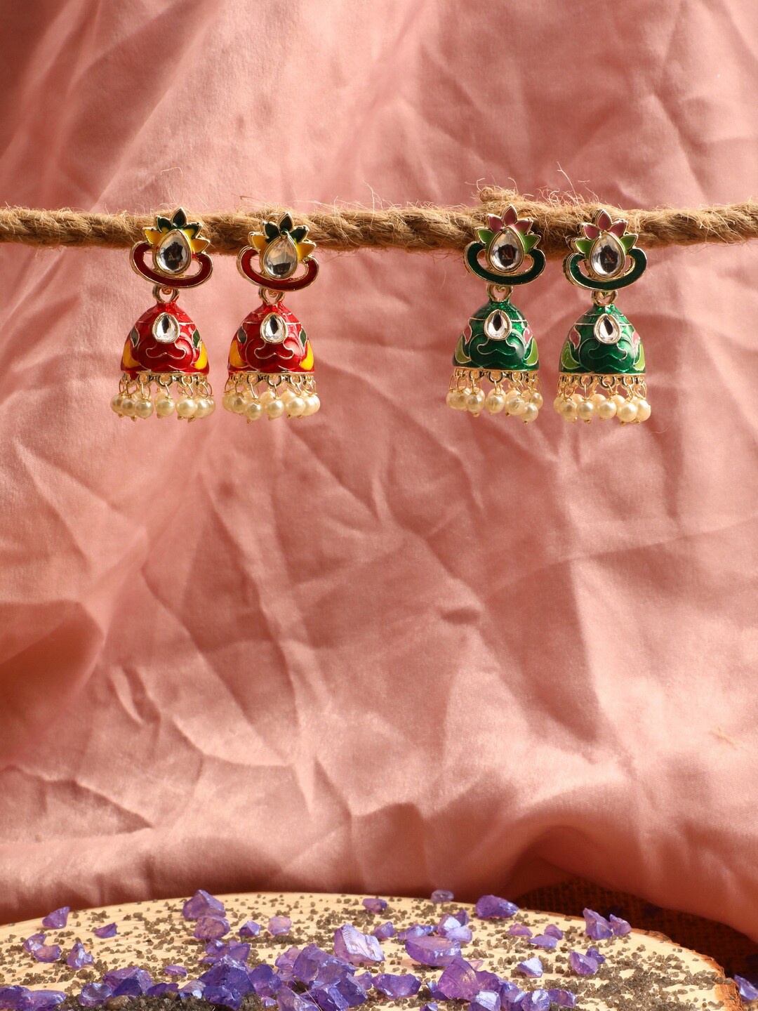 

Vita Bella Red & Green Gold - Plated Dome Shaped Jhumkas Earrings