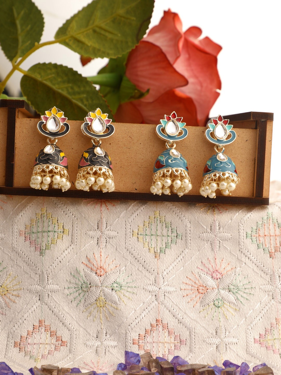

Vita Bella Women Set Of 2 Black & Blue Dome Shaped Jhumkas Earrings