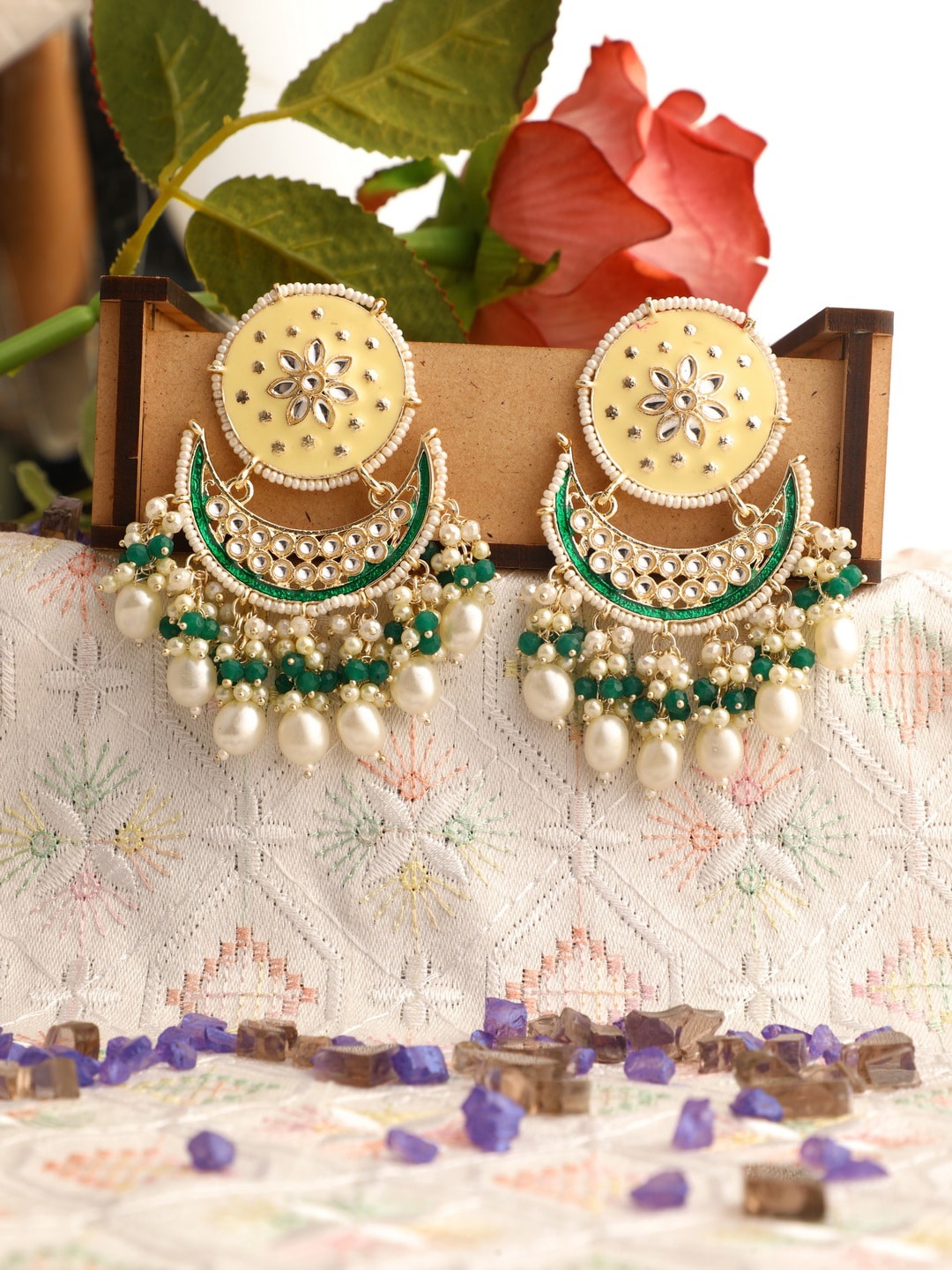 

Vita Bella Women Gold Plated Cream & Green Circular Chandbalis Earrings