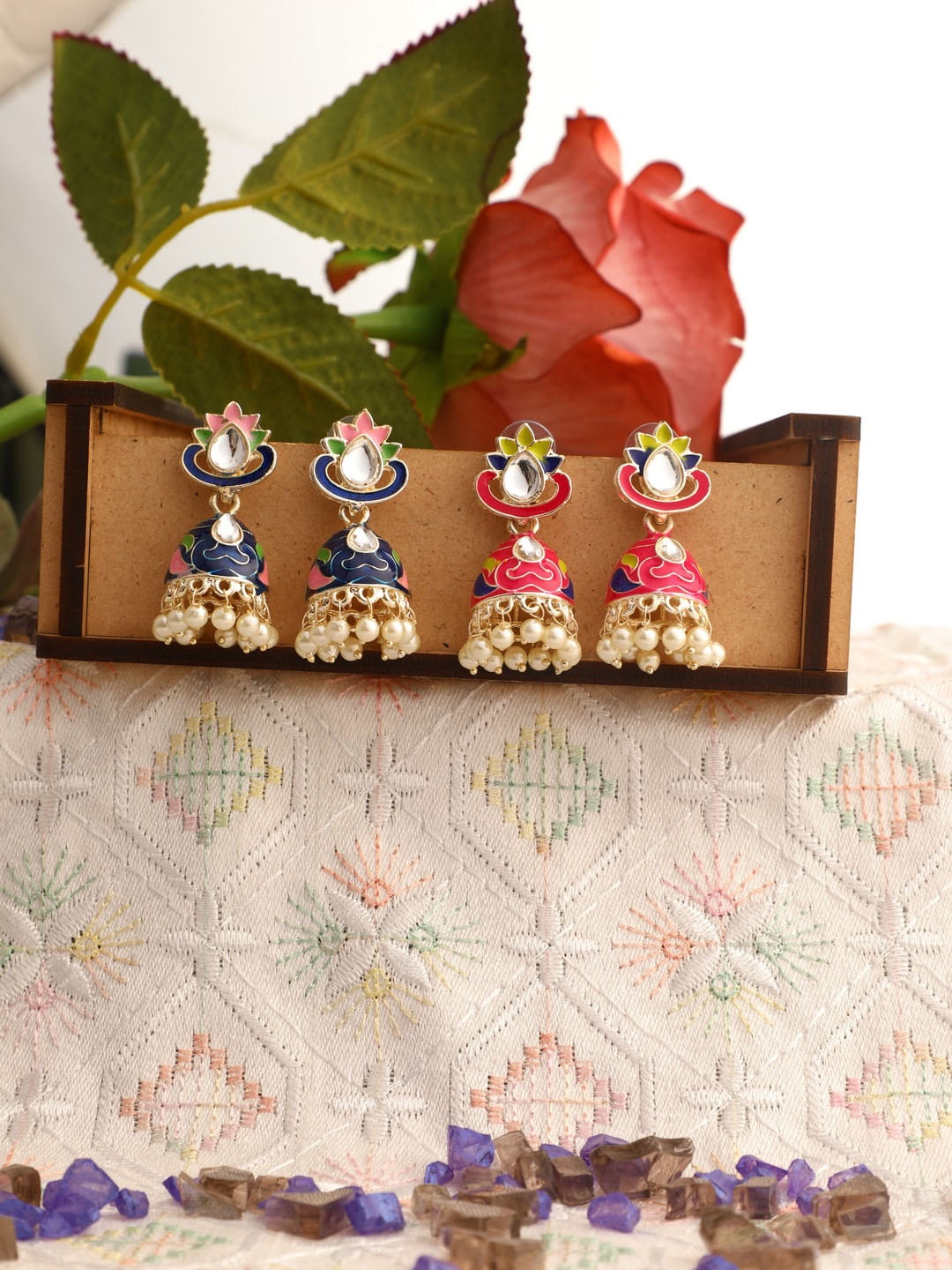 

Vita Bella Blue & Pink Set of 2 Circular Jhumkas Earrings