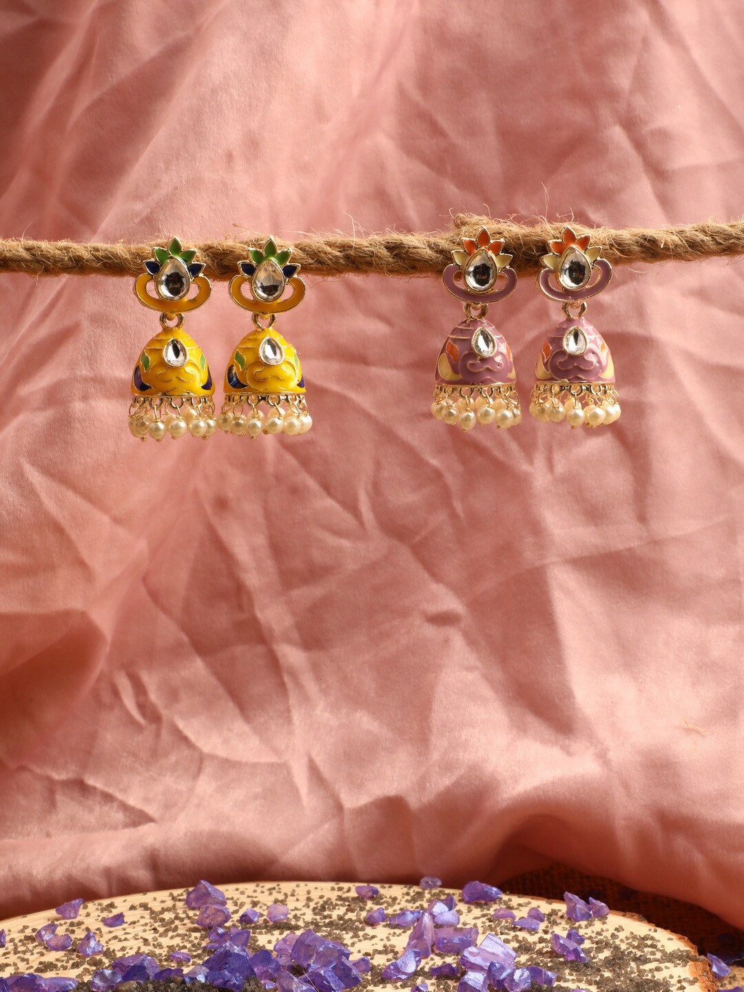 

Vita Bella Women Set Of 2 Yellow & Pink Gold-Plated Circular Jhumkas Earrings