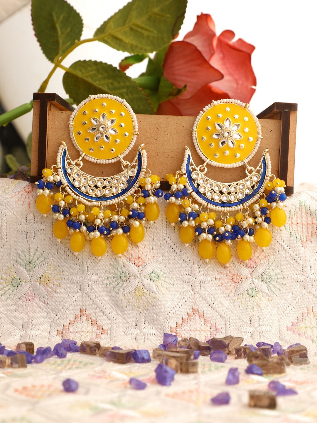 

Vita Bella Yellow & Blue Gold-Plated Classic Chandbalis Earrings