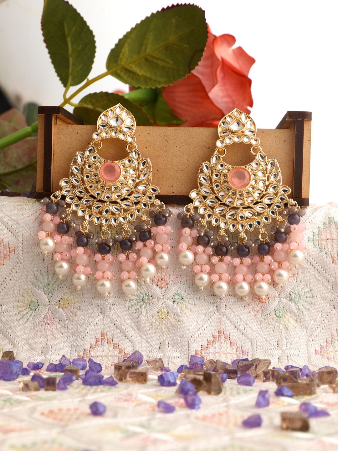 

Vita Bella Gold-Plated & Pink Circular Chandbalis Earrings