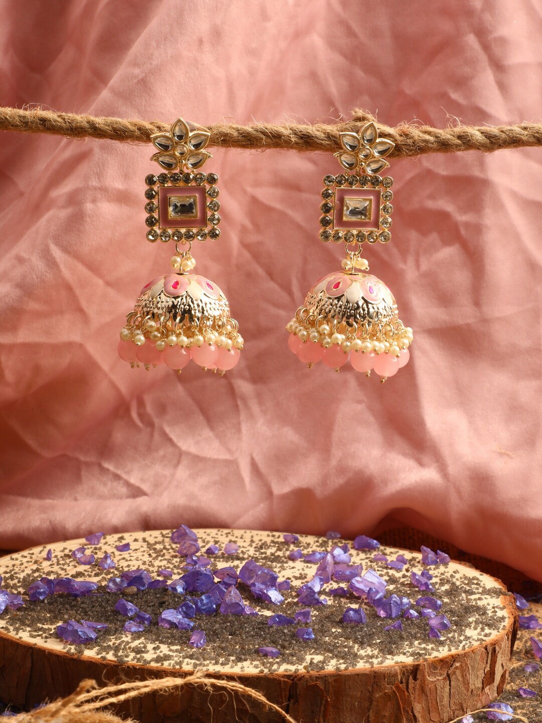 

Vita Bella Women Blue & Pink Gold-Plated Artificial Beads Circular Jhumkas Earrings