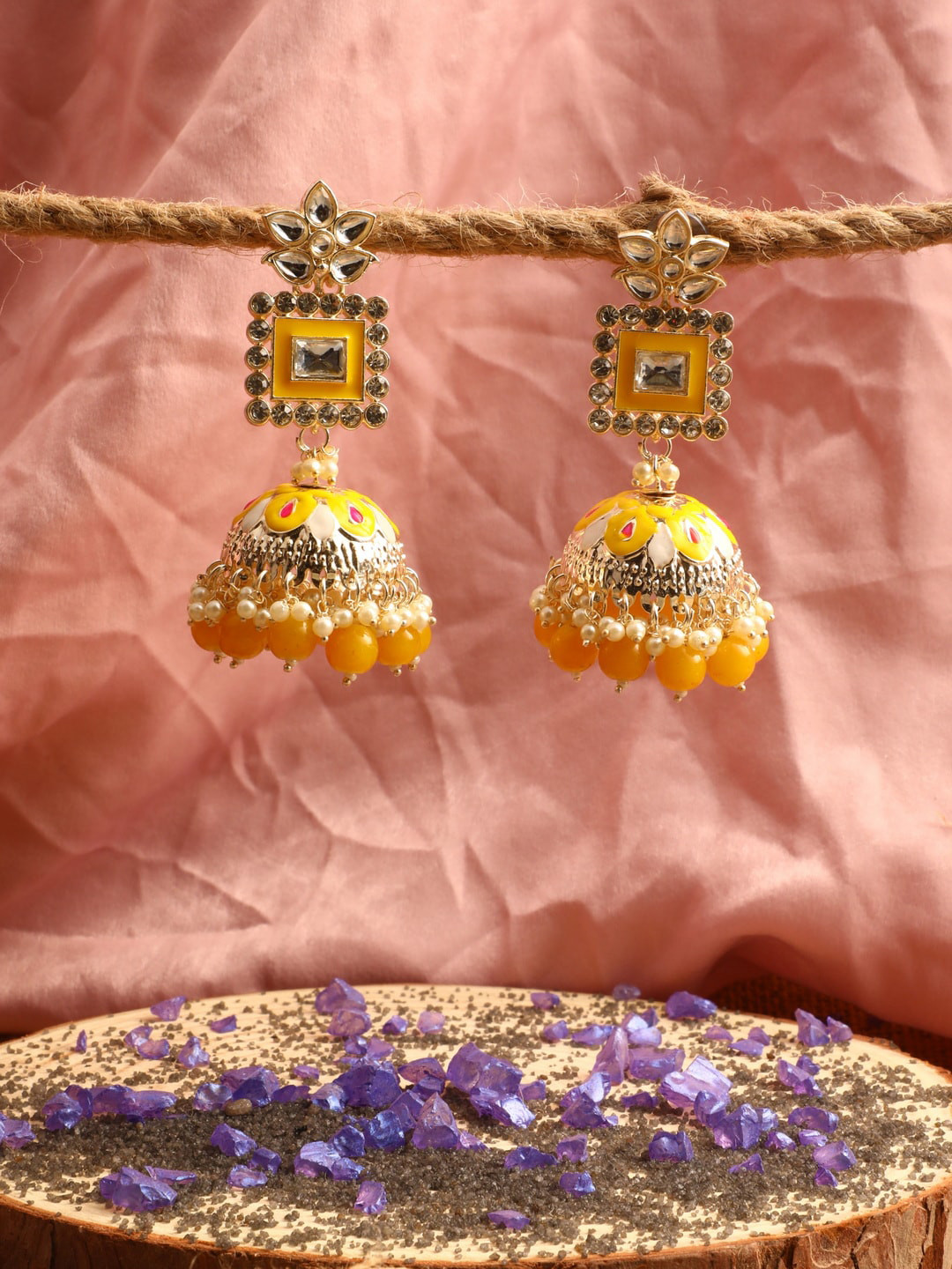 

Vita Bella Yellow & Gold-Plated Dome Shaped Jhumkas Earrings