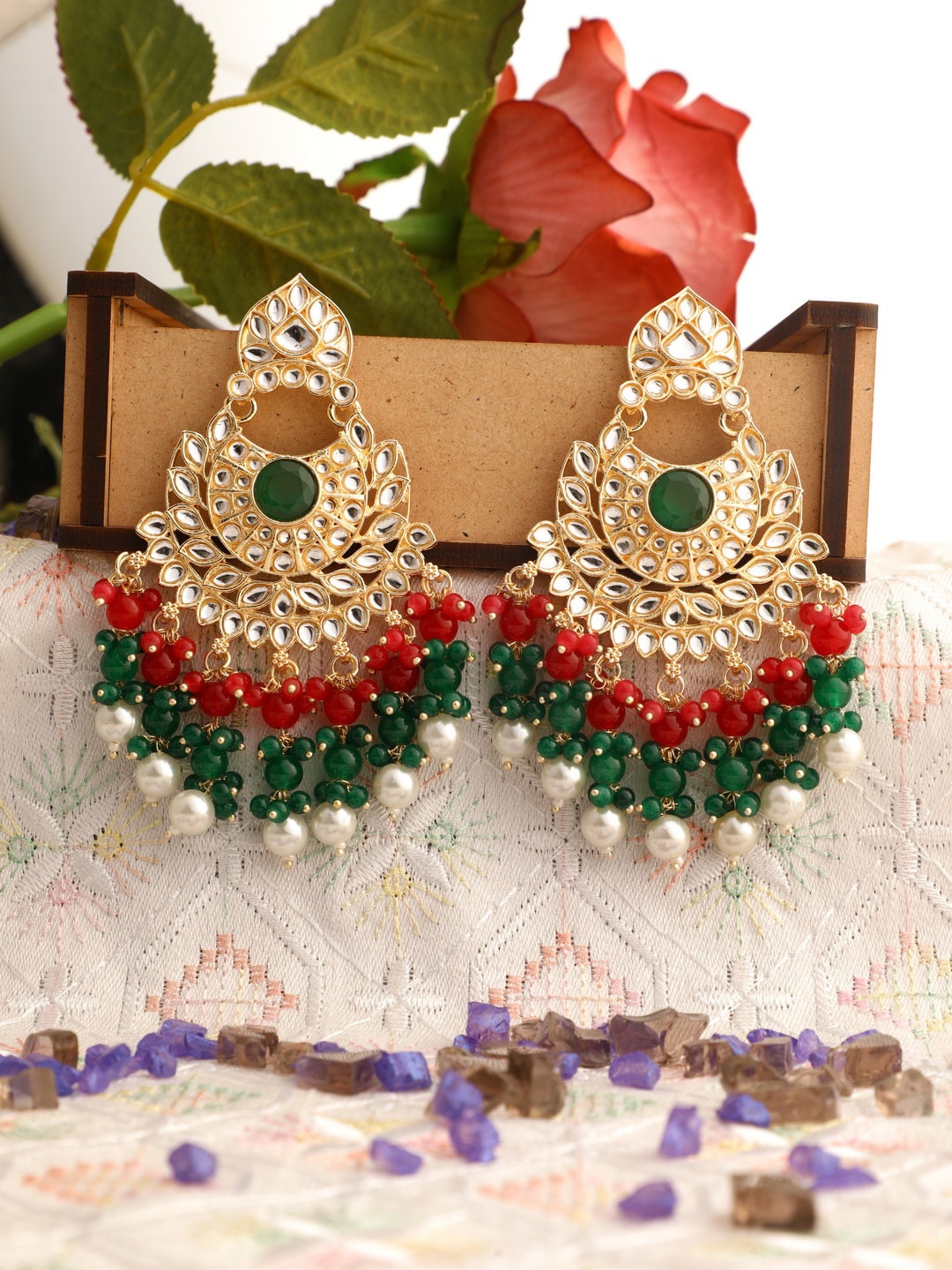 

Vita Bella Gold-Plated Red & Green Circular Chandbalis Earrings