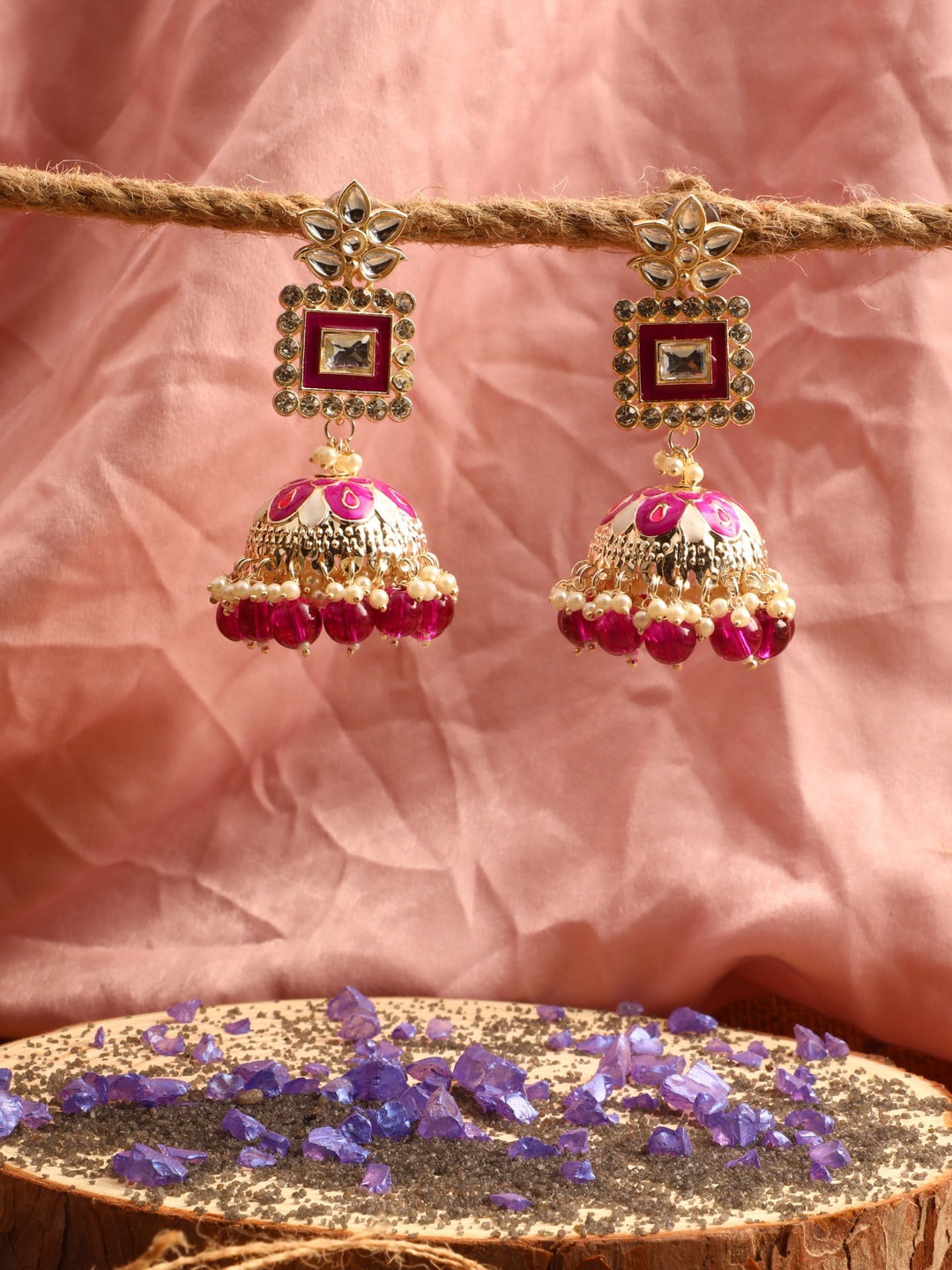 

Vita Bella Red & Gold-Plated Dome Shaped Jhumkas Earrings