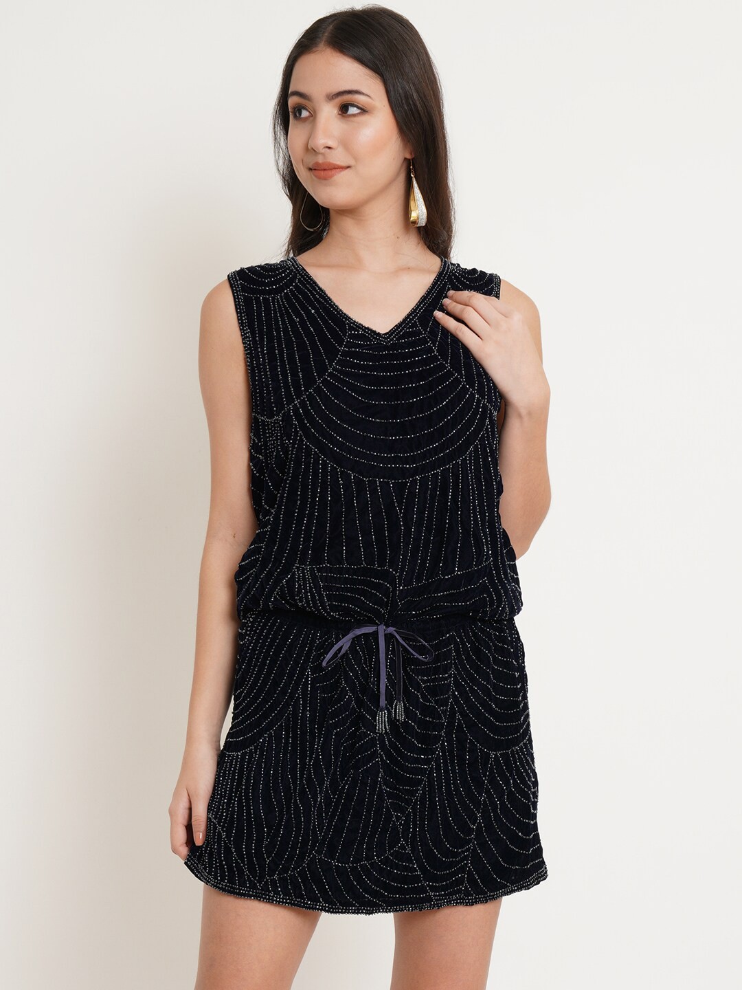 

Purple State Women Black Embellished Velvet A-Line Mini Dress