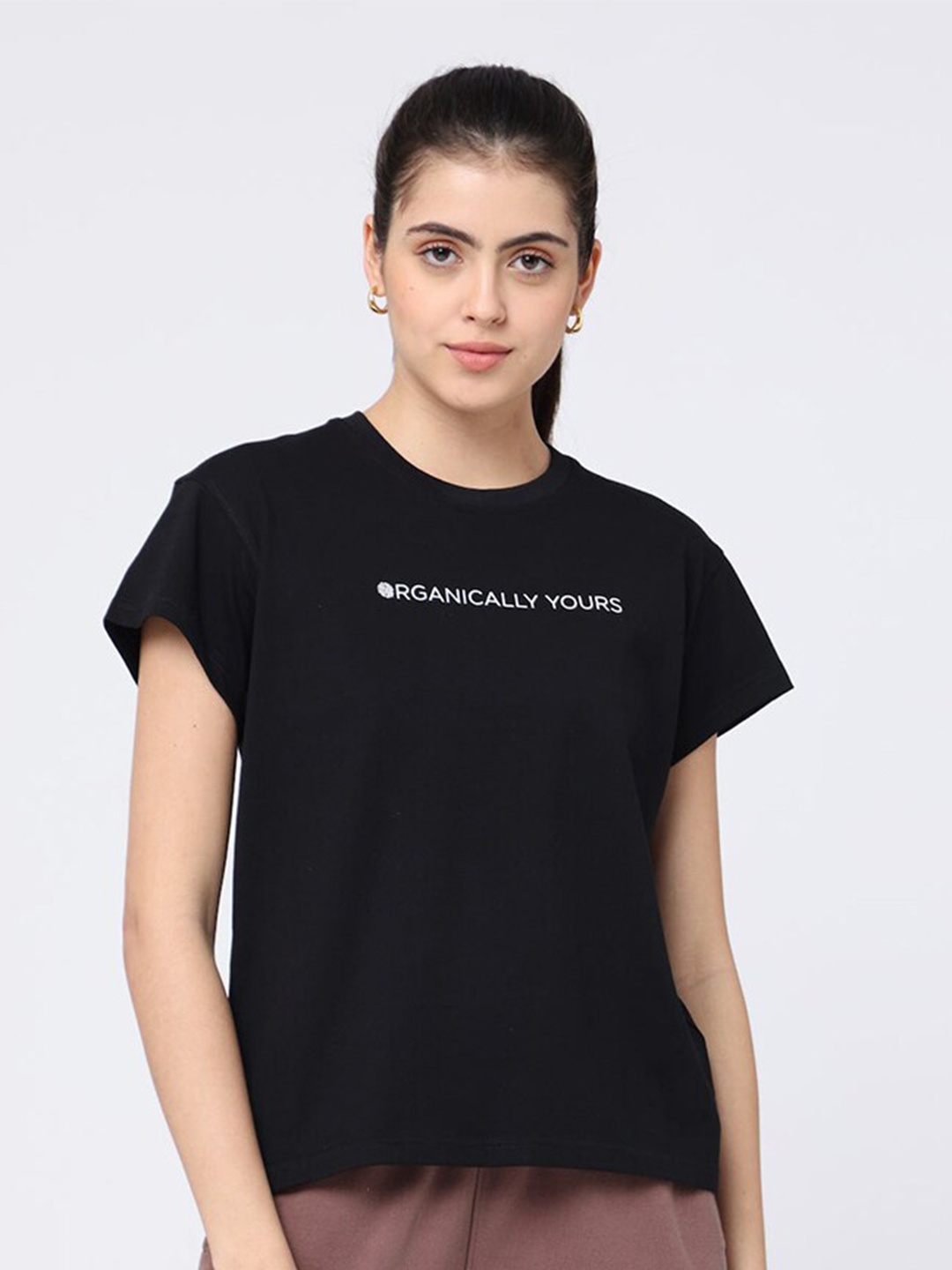 

Saltpetre Women Black Typography Extended Sleeves Organic Cotton T-shirt