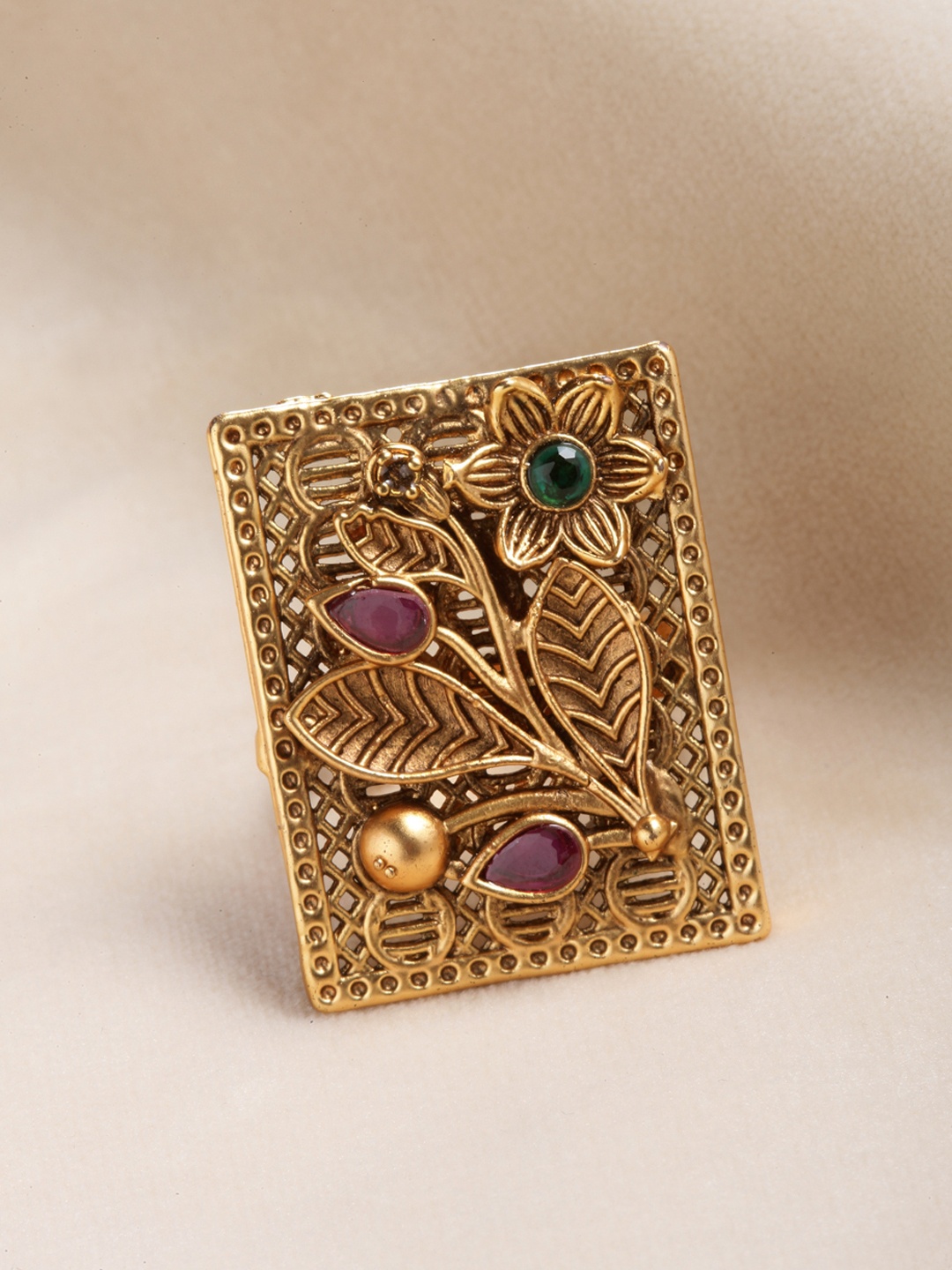 

PANASH Gold-Plated Red & Green Stone-Studded Finger Ring