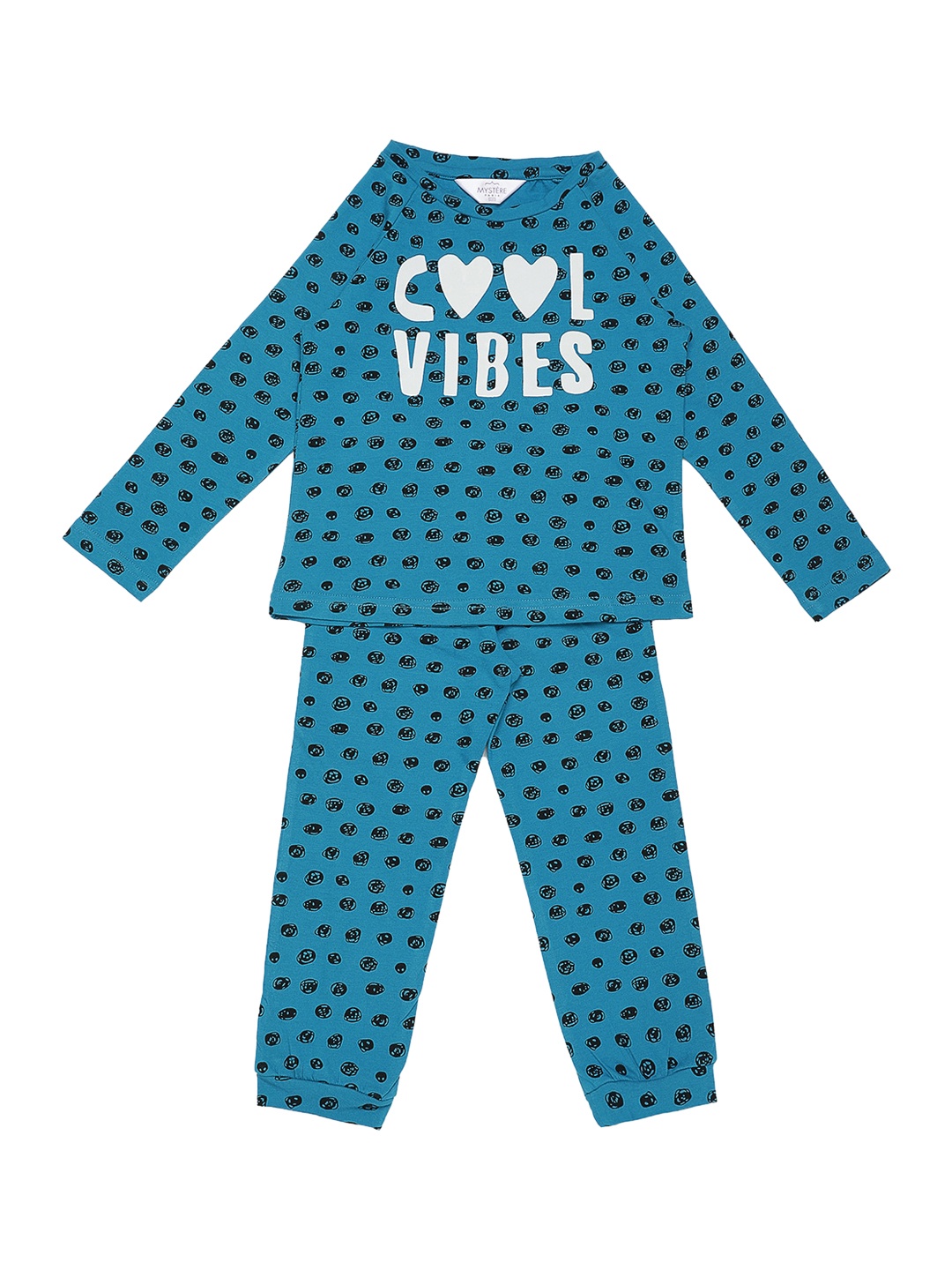 

Mystere Paris Girls Blue & Black Polka Dot Printed Night suit