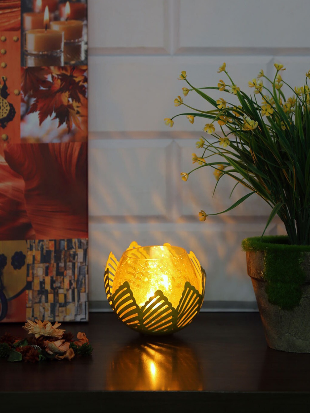 

Athome by Nilkamal Mustard Yellow Textured Candle Holders