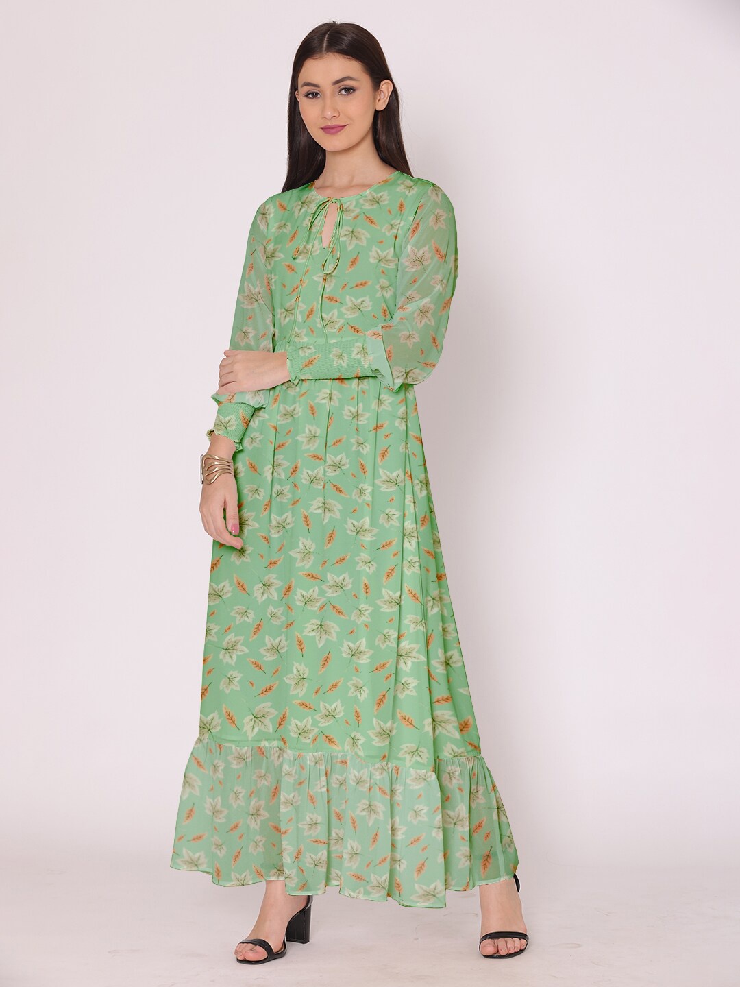 

DressBerry Women Green & Orange Floral Printed Georgette A-Line Maxi Dress