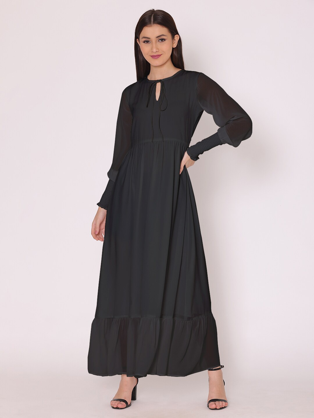 

DressBerry Black Tie-Up Neck Georgette Maxi Dress