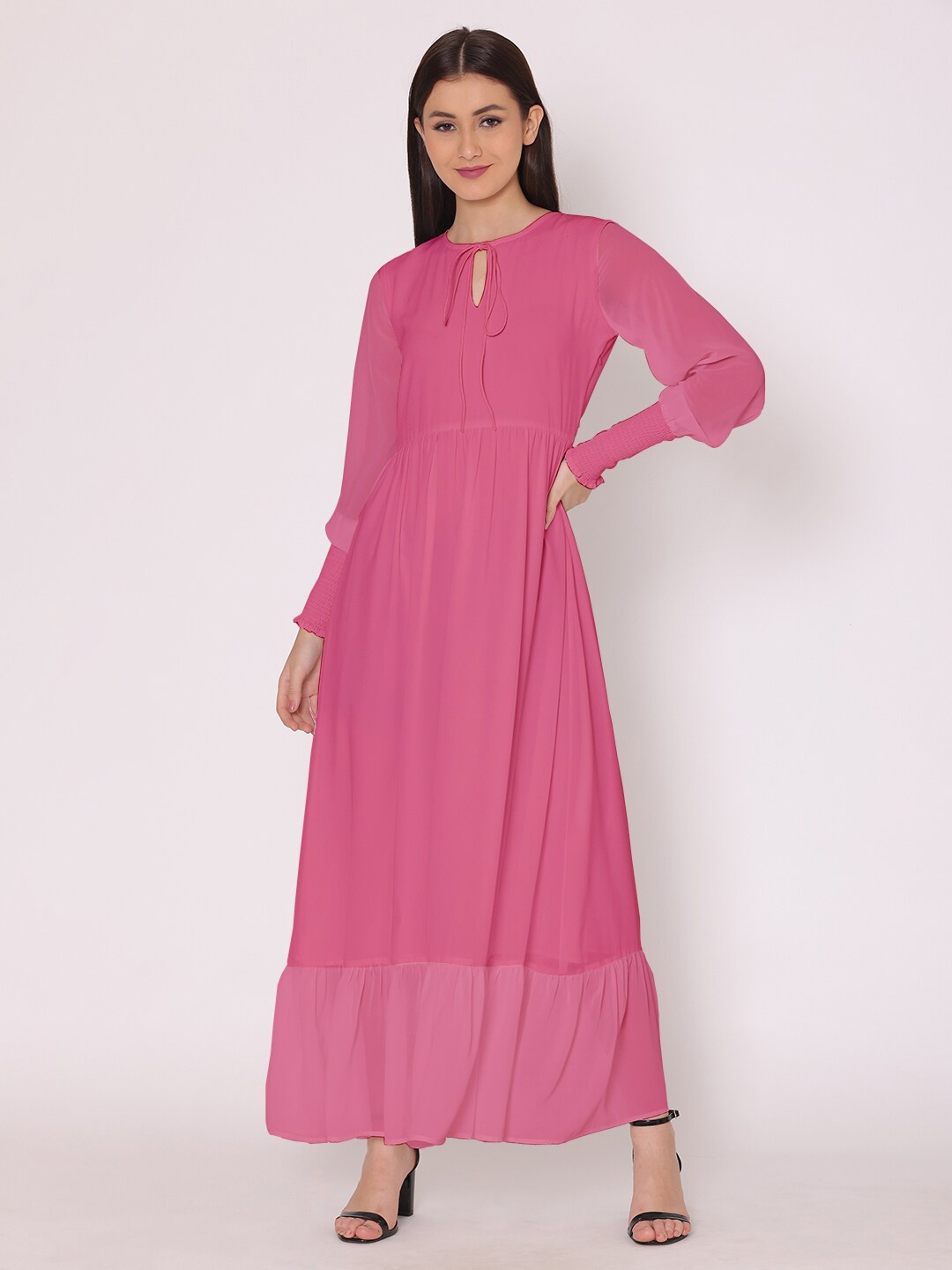 

DressBerry Women Pink Keyhole Neck Georgette Maxi Dress