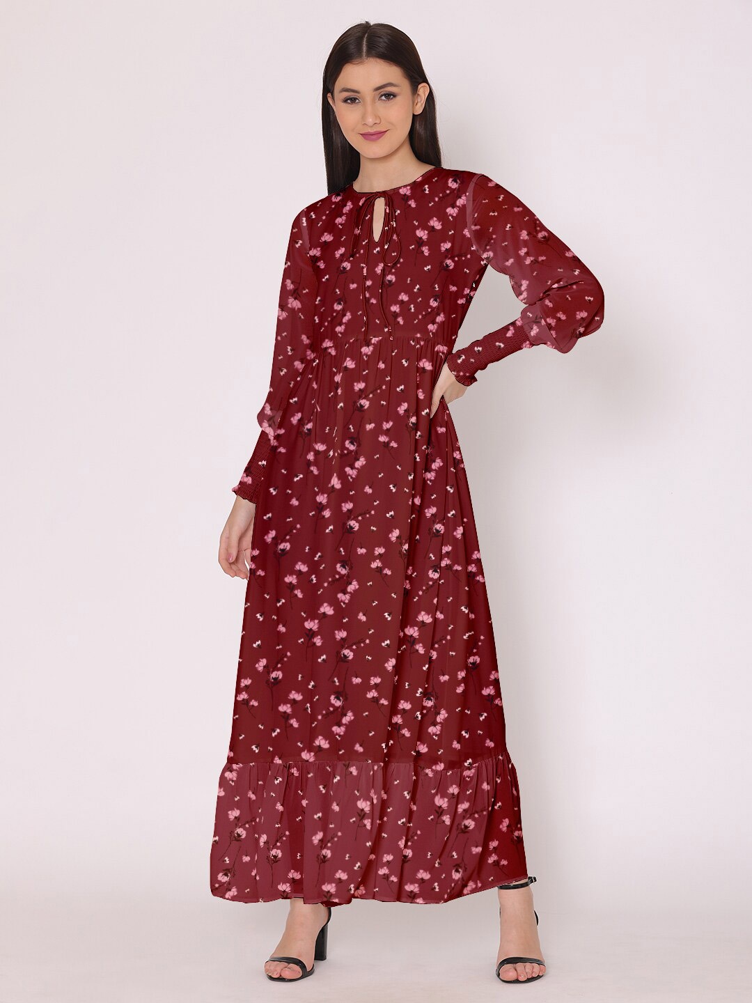 DressBerry Women Floral Tie-Up Neck Georgette Maxi Dress, Maroon