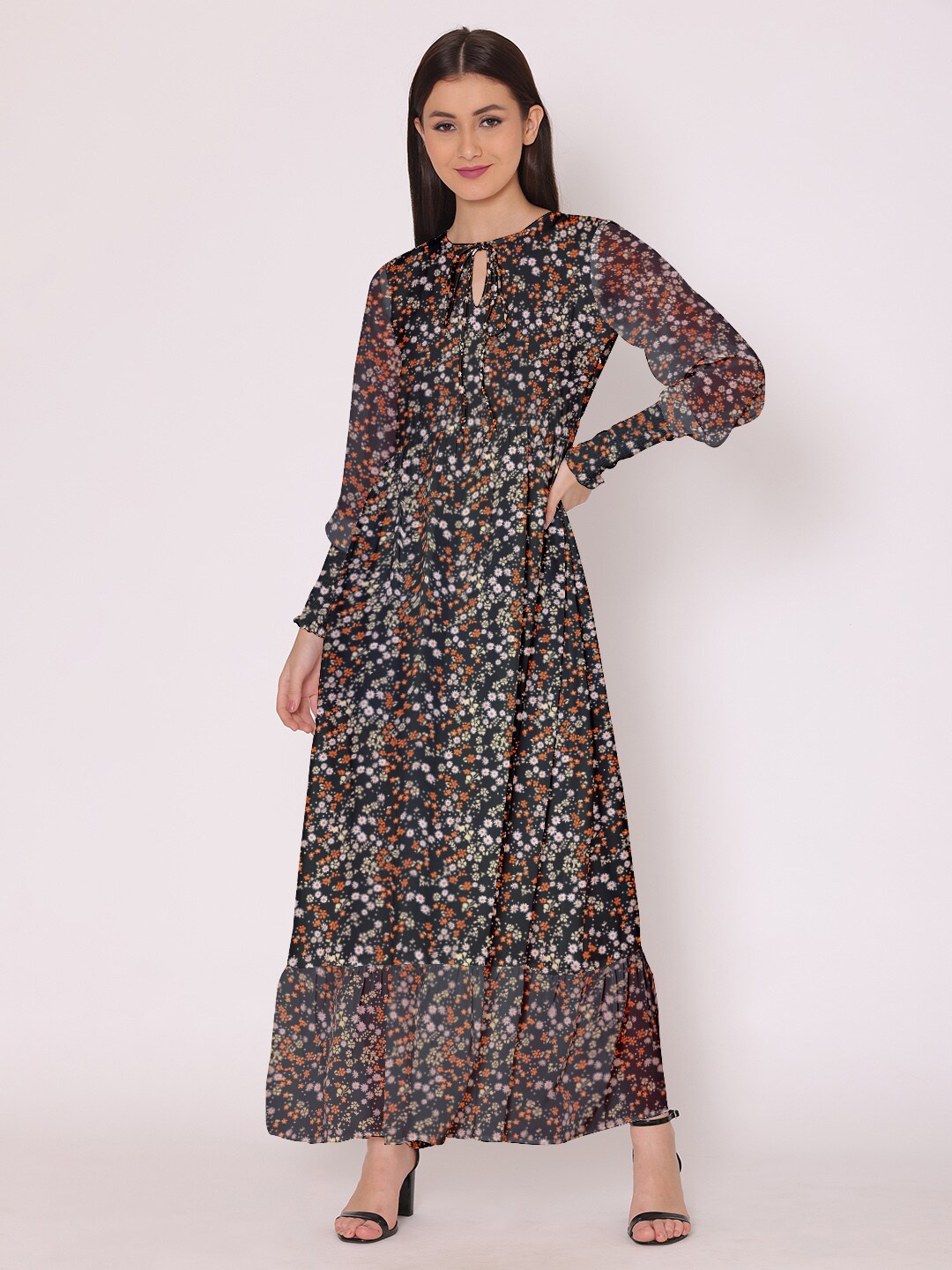 

DressBerry Women Black & Orange Floral Printed Georgette A-Line Maxi Dress
