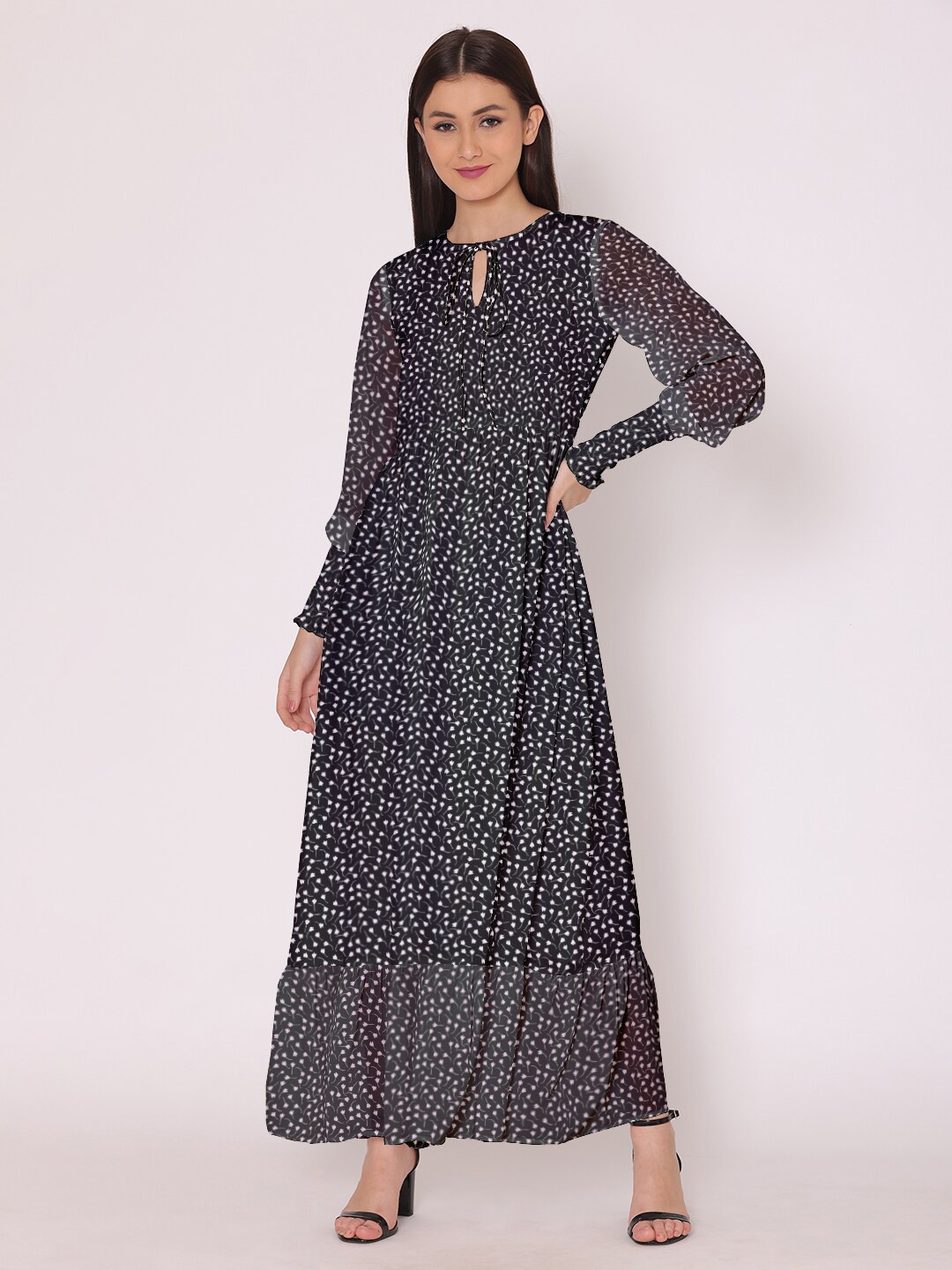 

DressBerry Women Black Floral Keyhole Neck Long Sleeve Georgette Flair Maxi Dress