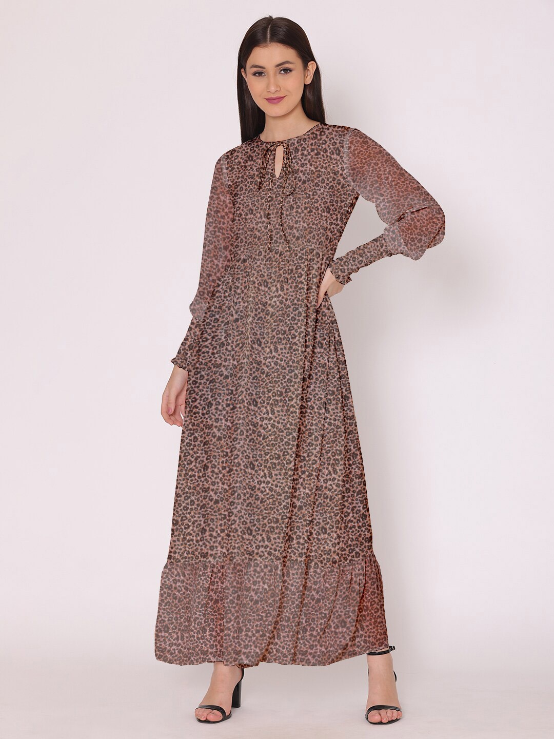 DressBerry Brown Animal Tie-Up Neck Georgette Maxi Dress
