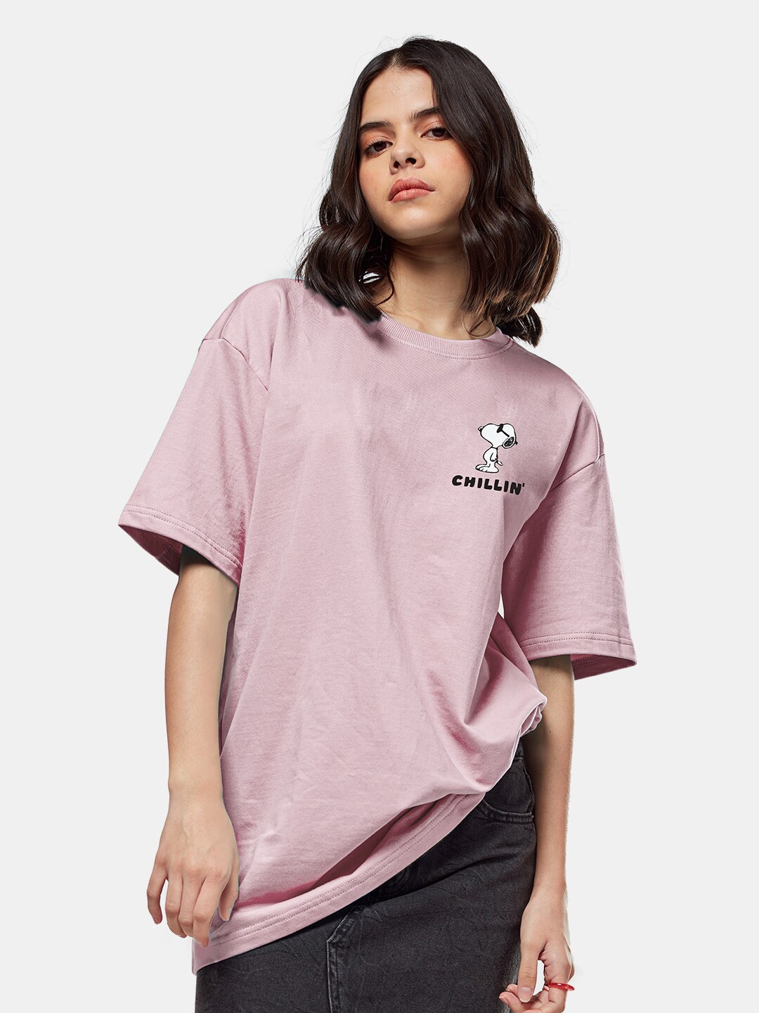 

The Souled Store Women Pink Drop-Shoulder Sleeves Loose T-shirt