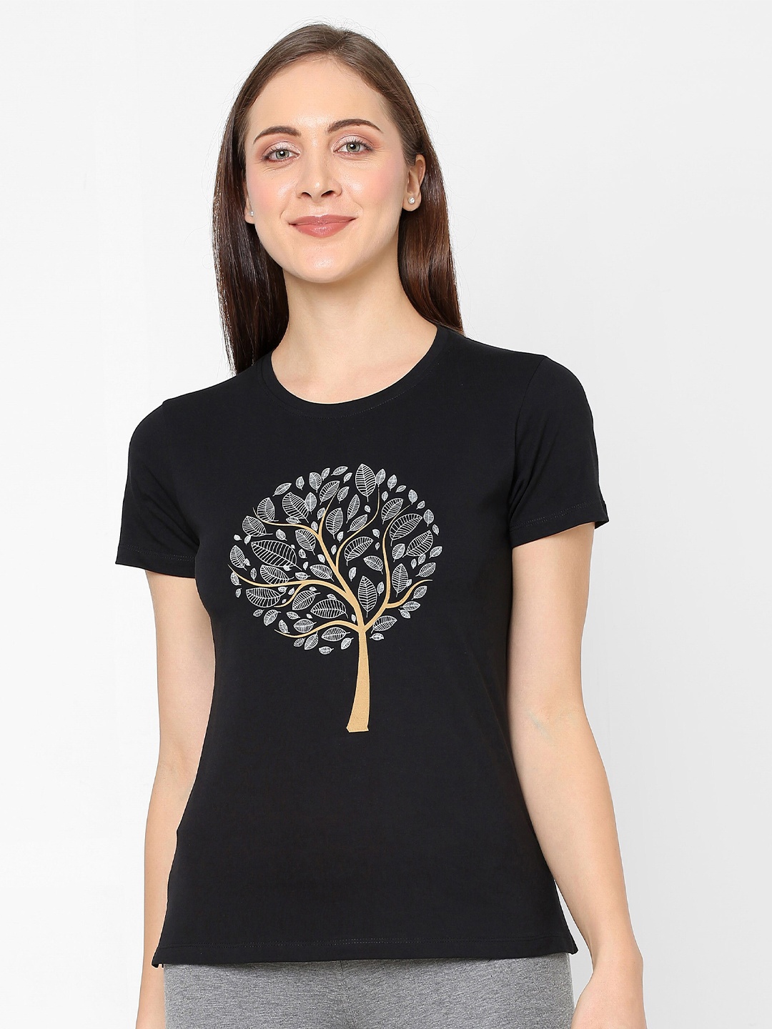 

LAASA SPORTS Women Black Printed Pure Cotton T-shirt