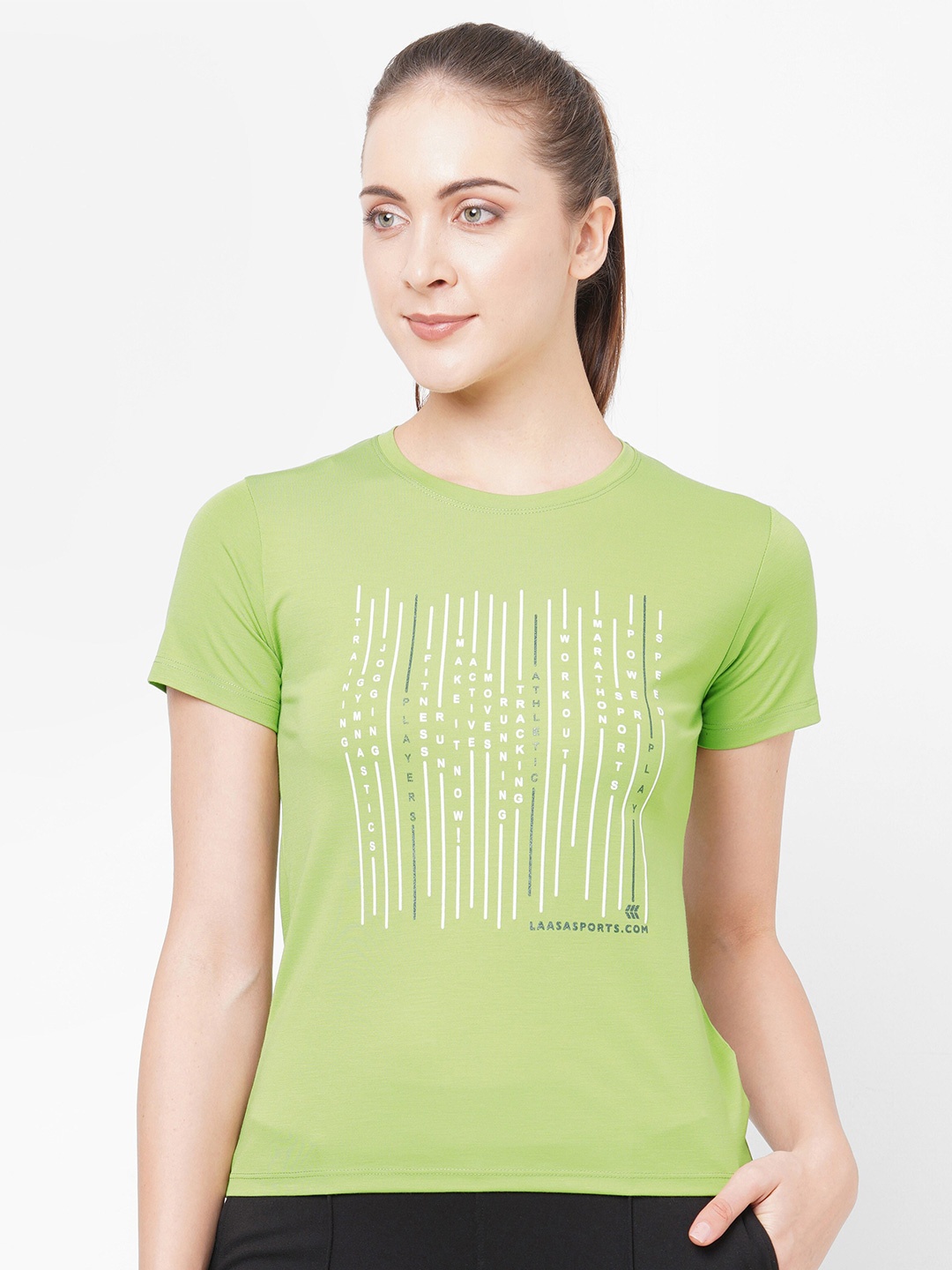 

LAASA SPORTS Women Lime Green Typography Printed Pure Cotton T-shirt