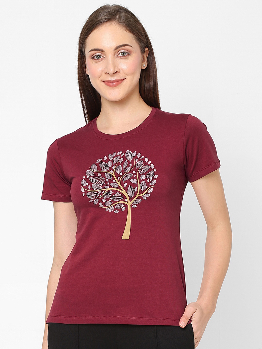 

LAASA SPORTS Women Maroon & Grey Printed Pure Cotton T-shirt