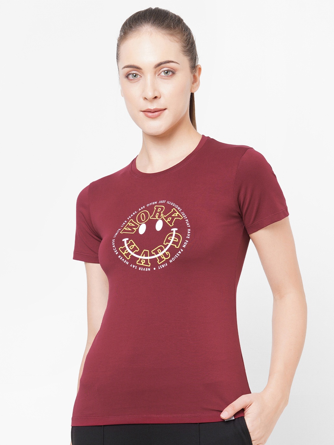 

LAASA SPORTS Women Maroon Typography Printed Pure Cotton T-shirt