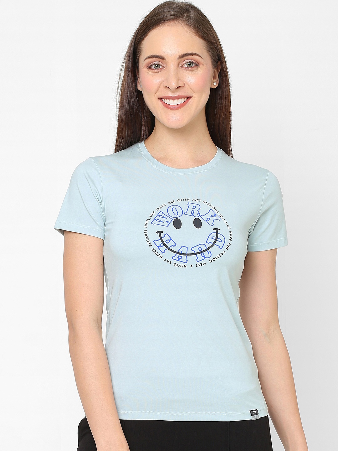 LAASA SPORTS Women Sea Green Typography Printed Pure Cotton T-shirt