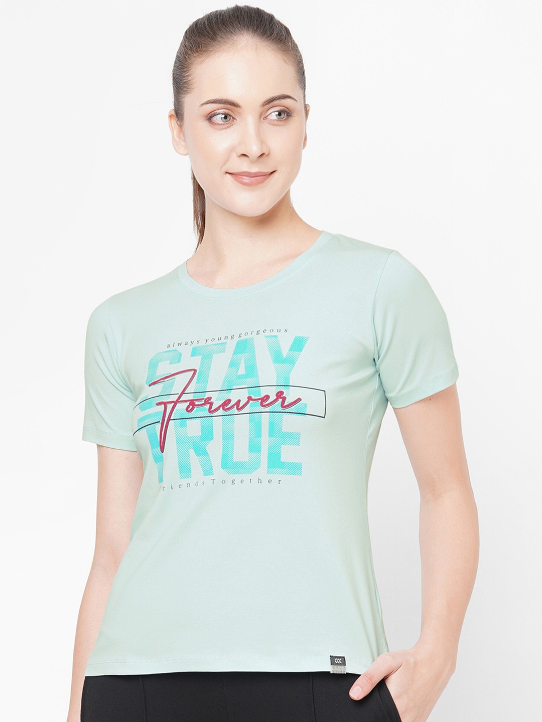 

LAASA SPORTS Women Blue Typography Printed T-shirt