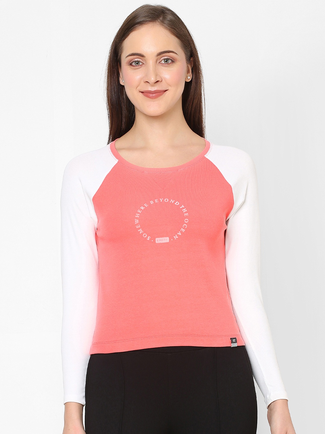 

LAASA SPORTS Women Peach-Coloured & White T-shirt