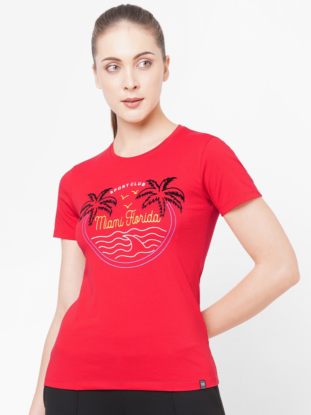 

LAASA SPORTS Women Red Typography Printed Pure Cotton T-shirt