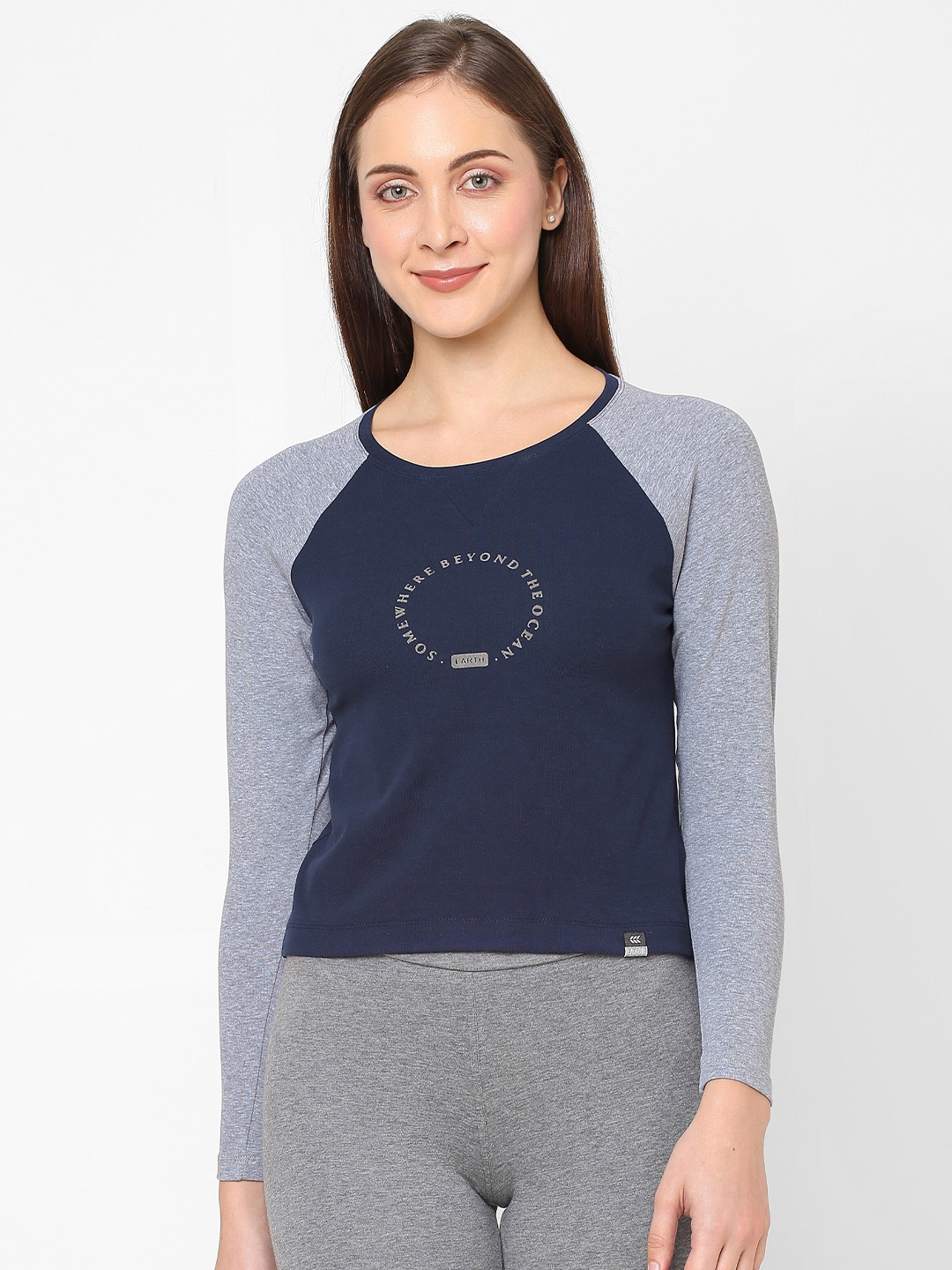 

LAASA SPORTS Women Navy Blue & Grey Pure Cotton T-shirt