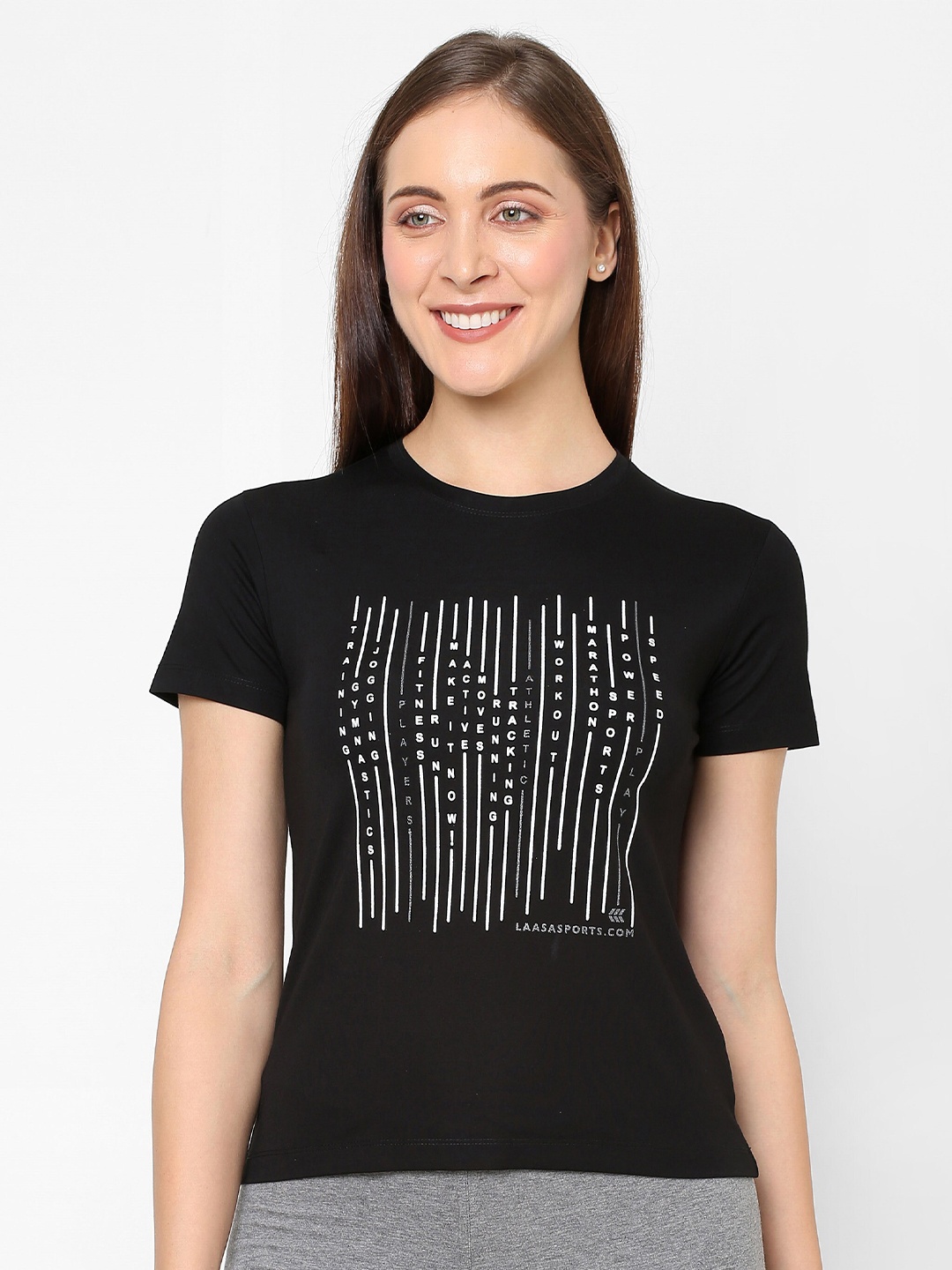 

LAASA SPORTS Women Black Typography Printed Cotton T-shirt
